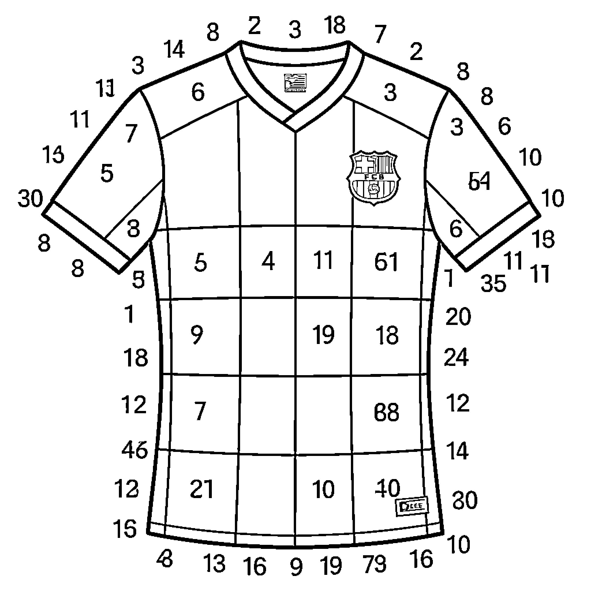 Camiseta with numbered segments for educational activities Coloring Page (free black-and-white line drawing printable PDF for all, from beginners to advanced learners, including children, teens, adults, and seniors)