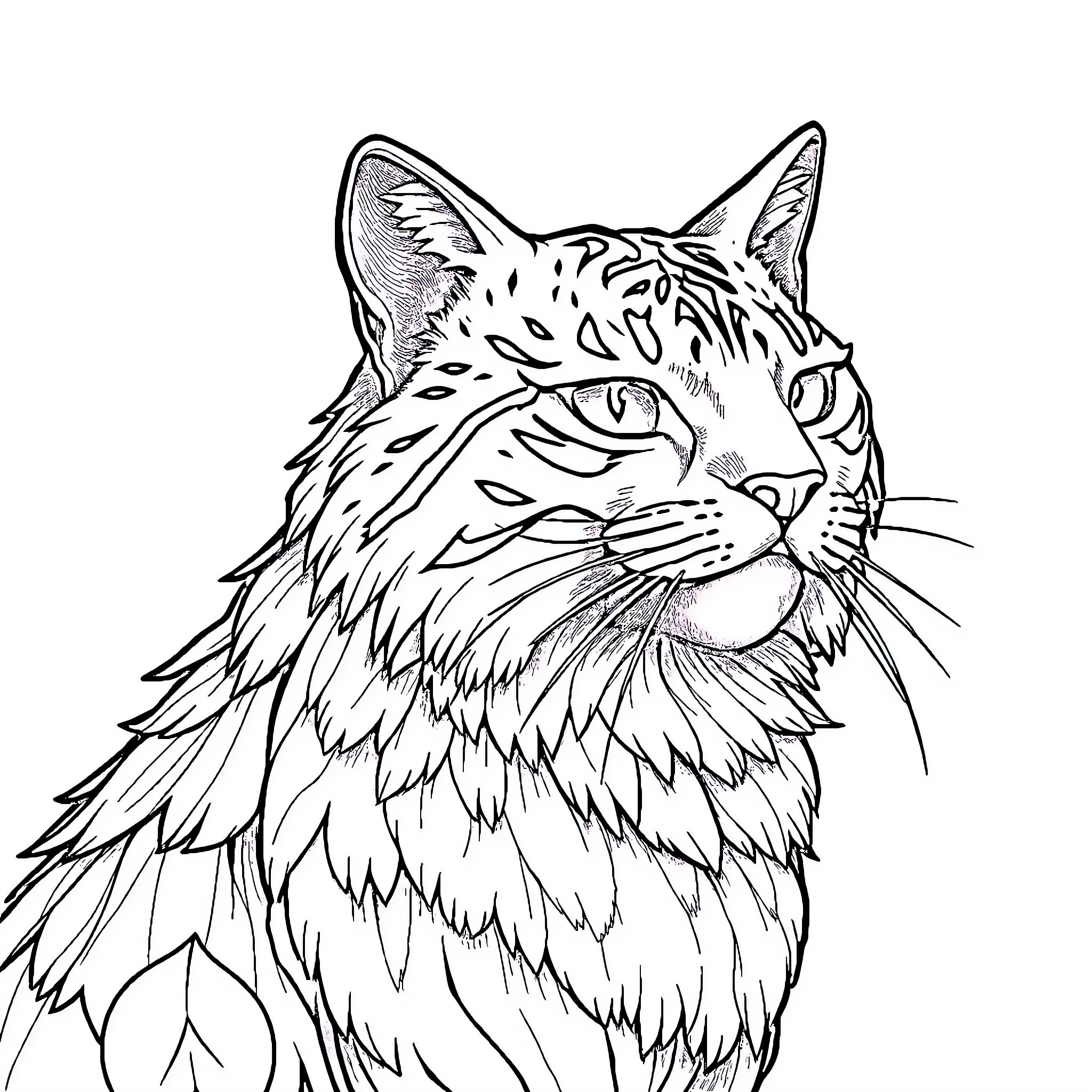 Photo of a detailed line art drawing of a cat Coloring Page (free black-and-white line drawing printable PDF for all, from beginners to advanced learners, including children, teens, adults, and seniors)