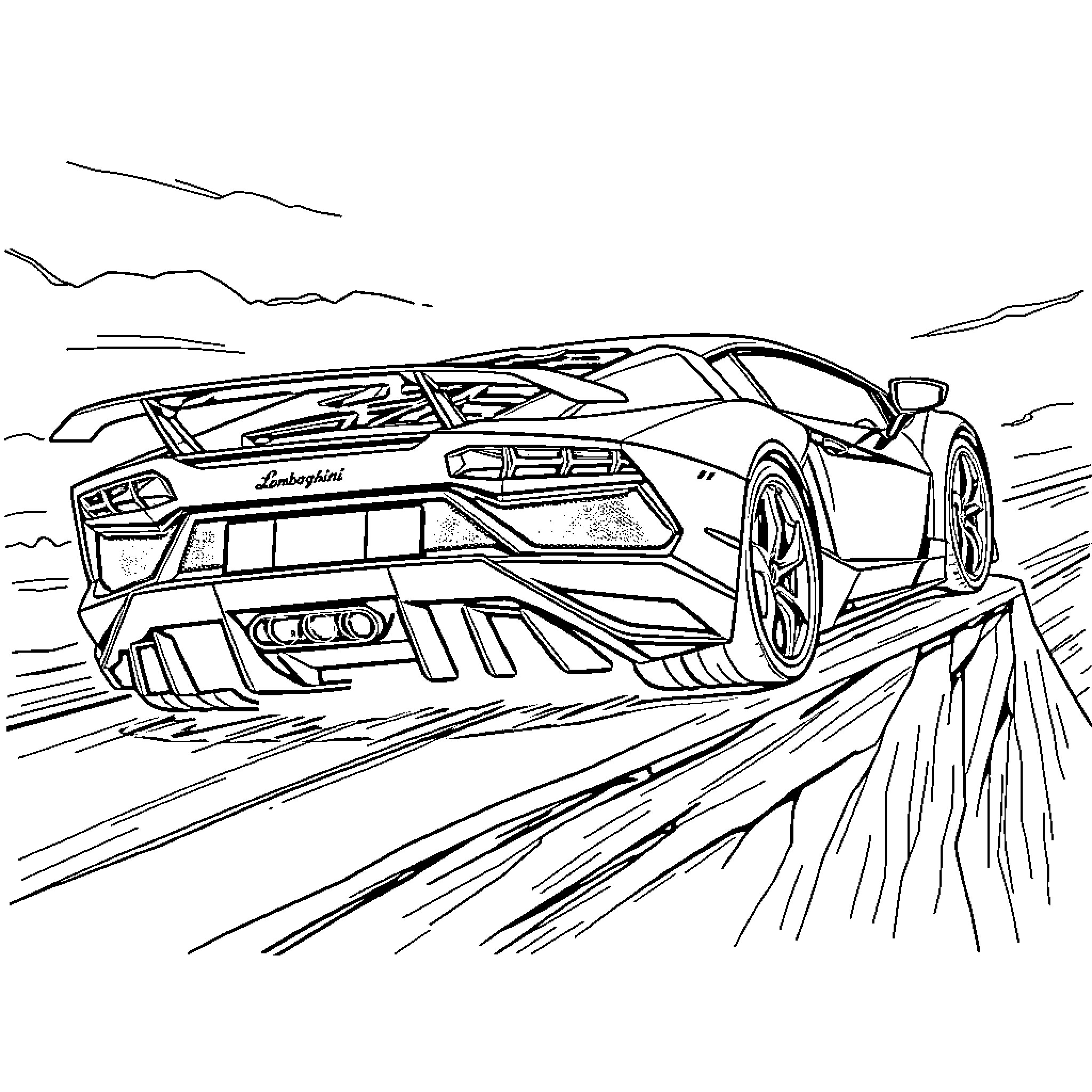 Lamborghini racing on the track with speed and power Coloring Page (free black-and-white line drawing printable PDF for all, from beginners to advanced learners, including children, teens, adults, and seniors)