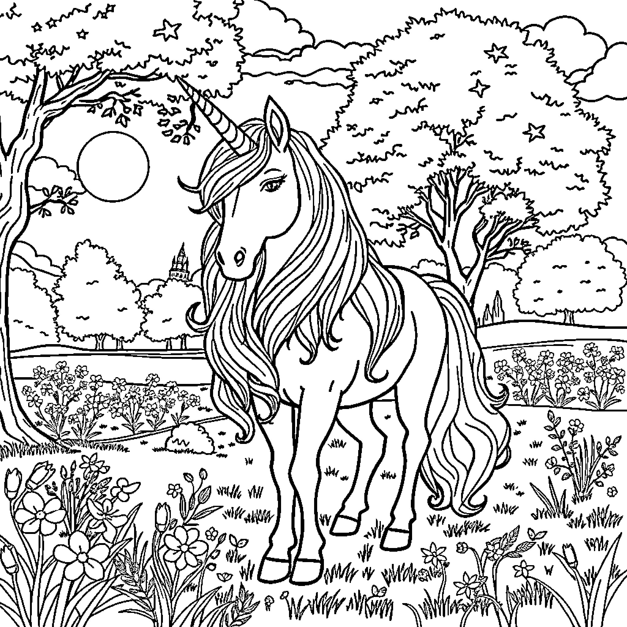 Unicorn standing in a magical forest scene Coloring Page (free black-and-white line drawing printable PDF for all, from beginners to advanced learners, including children, teens, adults, and seniors)