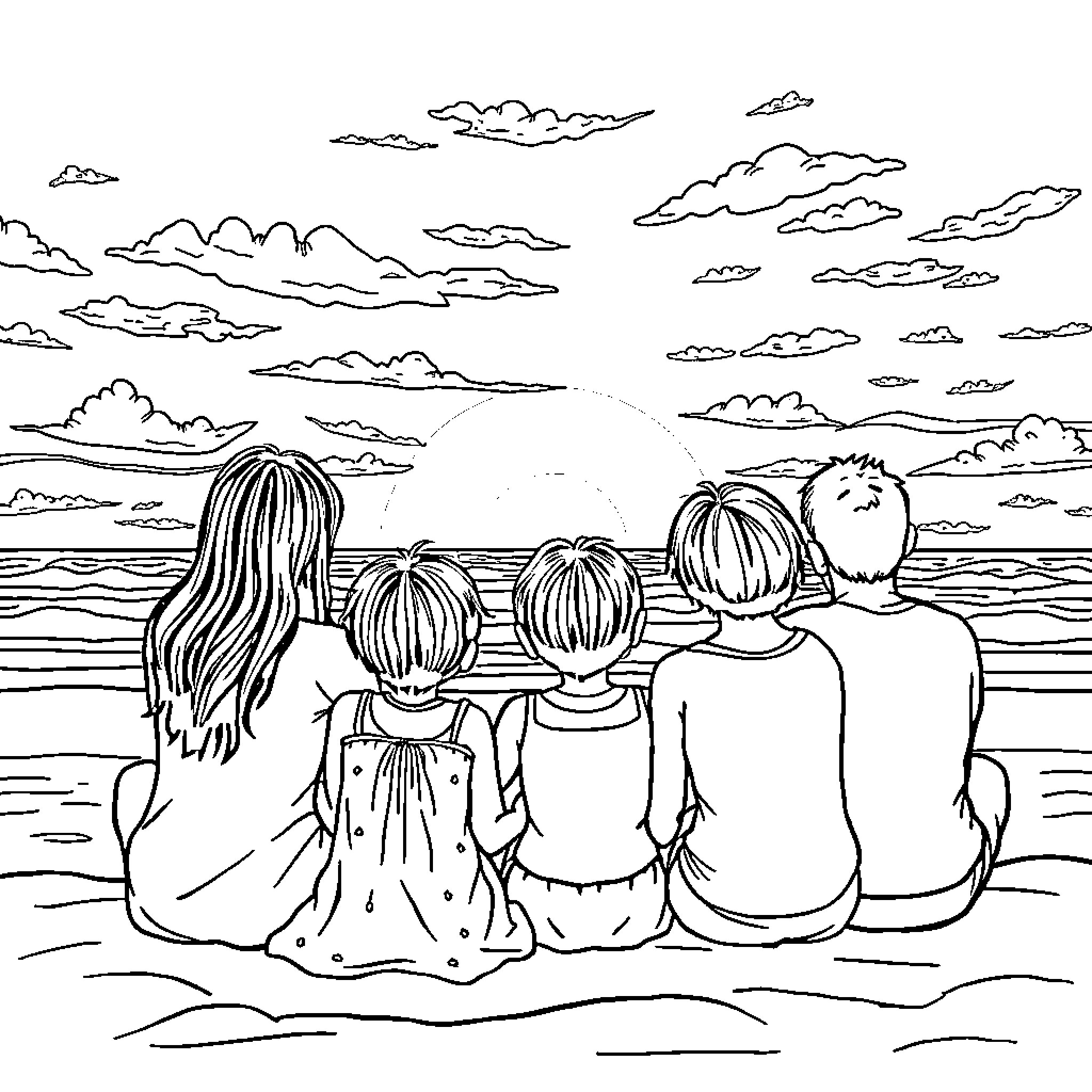Family enjoying a sunset at the beach Coloring Page (free black-and-white line drawing printable PDF for all, from beginners to advanced learners, including children, teens, adults, and seniors)