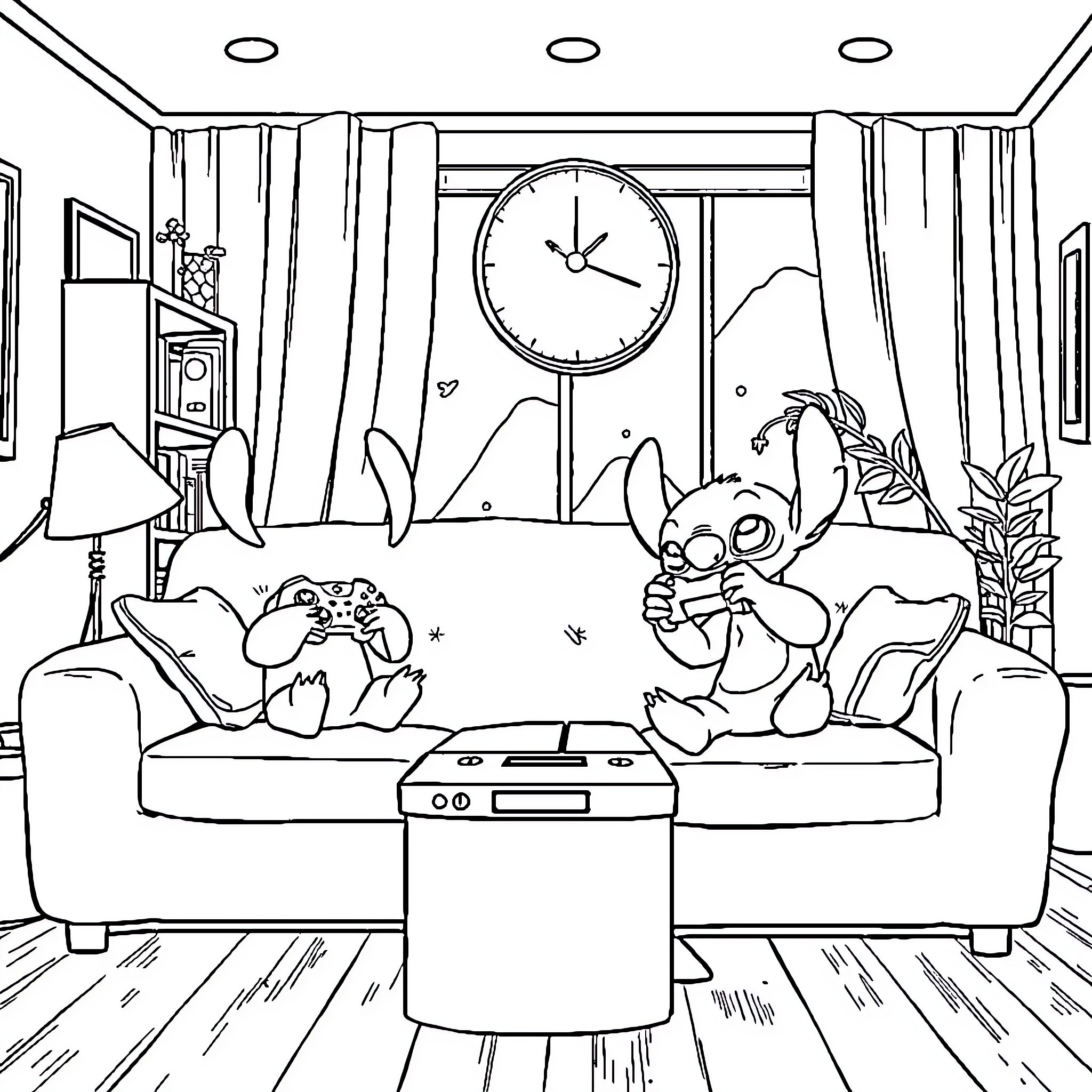 Stitch Relaxing and Playing Video Games Coloring Page (free black-and-white line drawing printable PDF for all, from beginners to advanced learners, including children, teens, adults, and seniors)