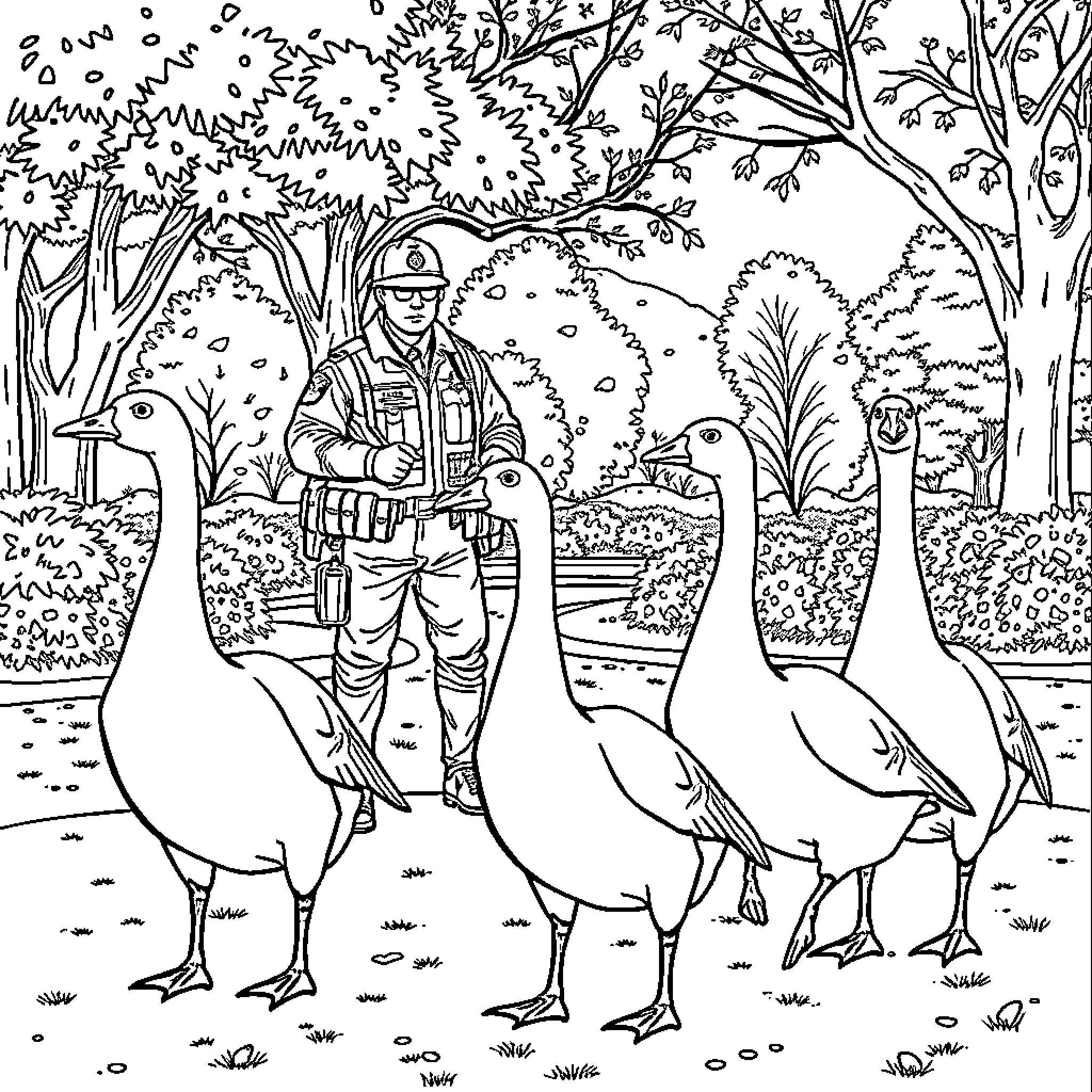Goose herder leads flock through forest landscape Coloring Page (free black-and-white line drawing printable PDF for all, from beginners to advanced learners, including children, teens, adults, and seniors)