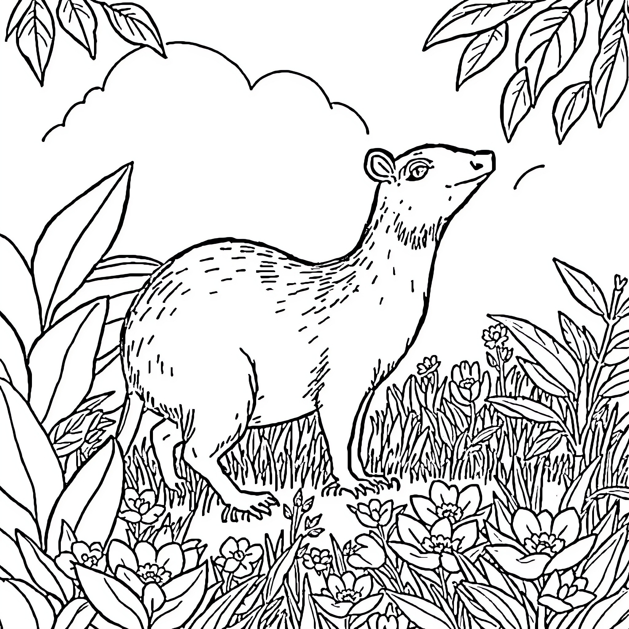 Capybara in a lush floral landscape Coloring Page (free black-and-white line drawing printable PDF for all, from beginners to advanced learners, including children, teens, adults, and seniors)