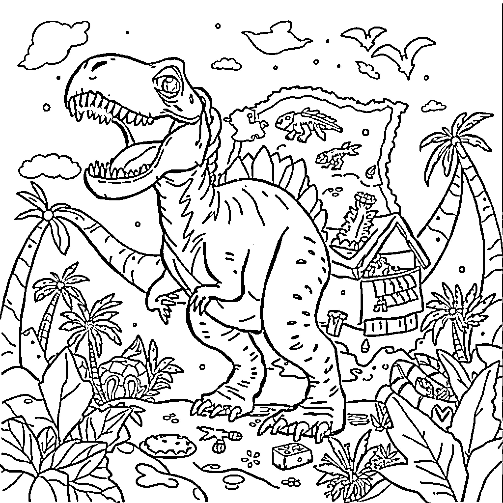 Dinosaur in a Tropical Jungle Landscape Coloring Page (free black-and-white line drawing printable PDF for all, from beginners to advanced learners, including children, teens, adults, and seniors)