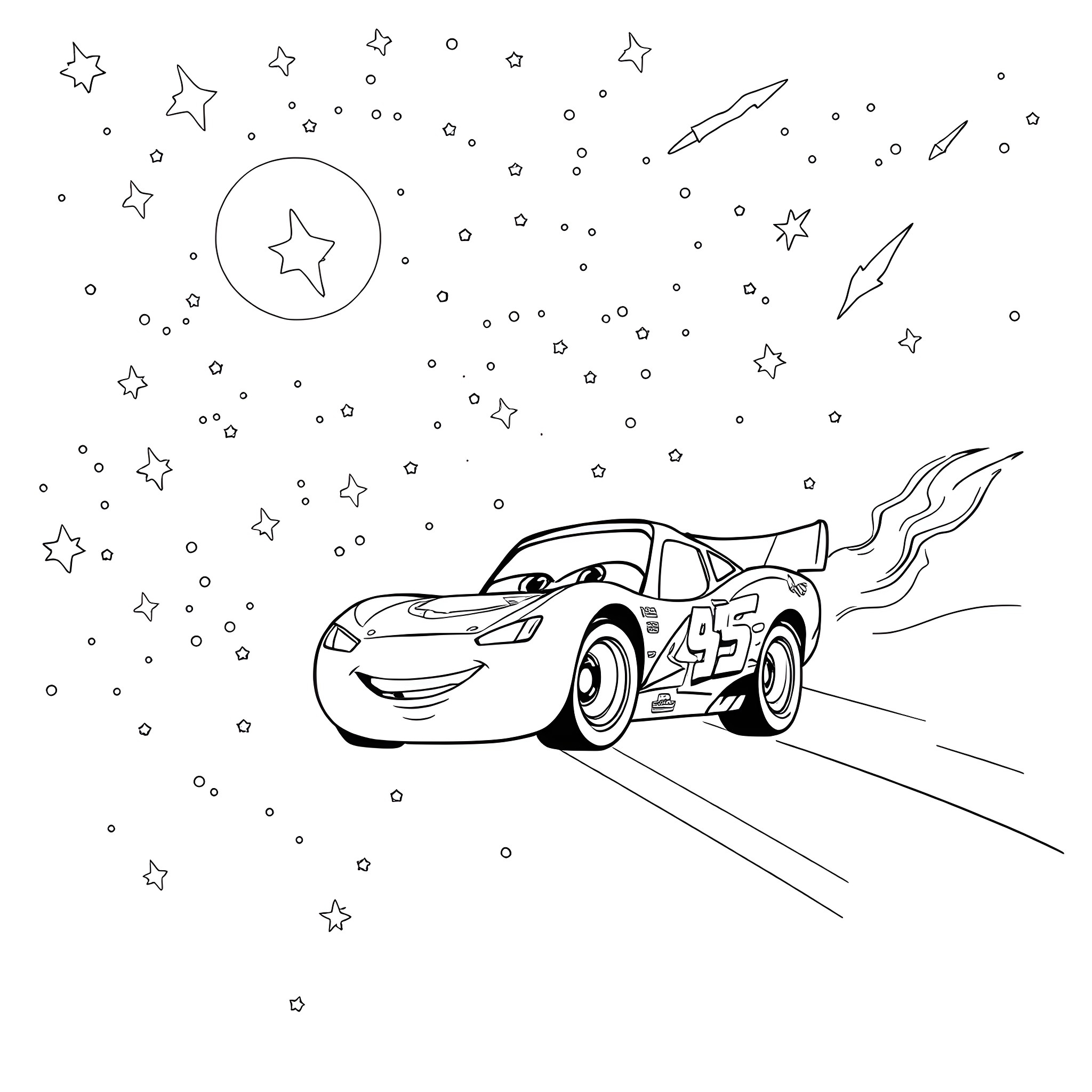 Lightning McQueen racing through the starry night Coloring Page (free black-and-white line drawing printable PDF for all, from beginners to advanced learners, including children, teens, adults, and seniors)