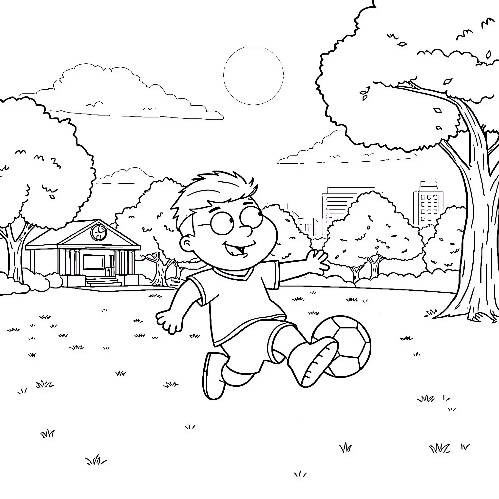 Stevie playing happily in the outdoor scene Coloring Page (free black-and-white line drawing printable PDF for all, from beginners to advanced learners, including children, teens, adults, and seniors)