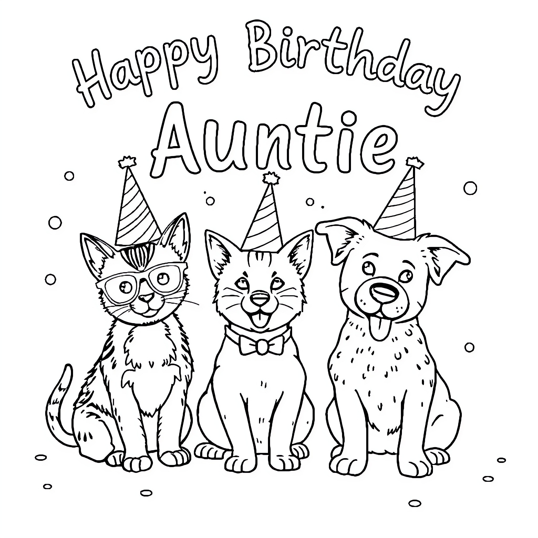 Cat and Dog Celebrating Auntie's Birthday Coloring Page (free black-and-white line drawing printable PDF for all, from beginners to advanced learners, including children, teens, adults, and seniors)