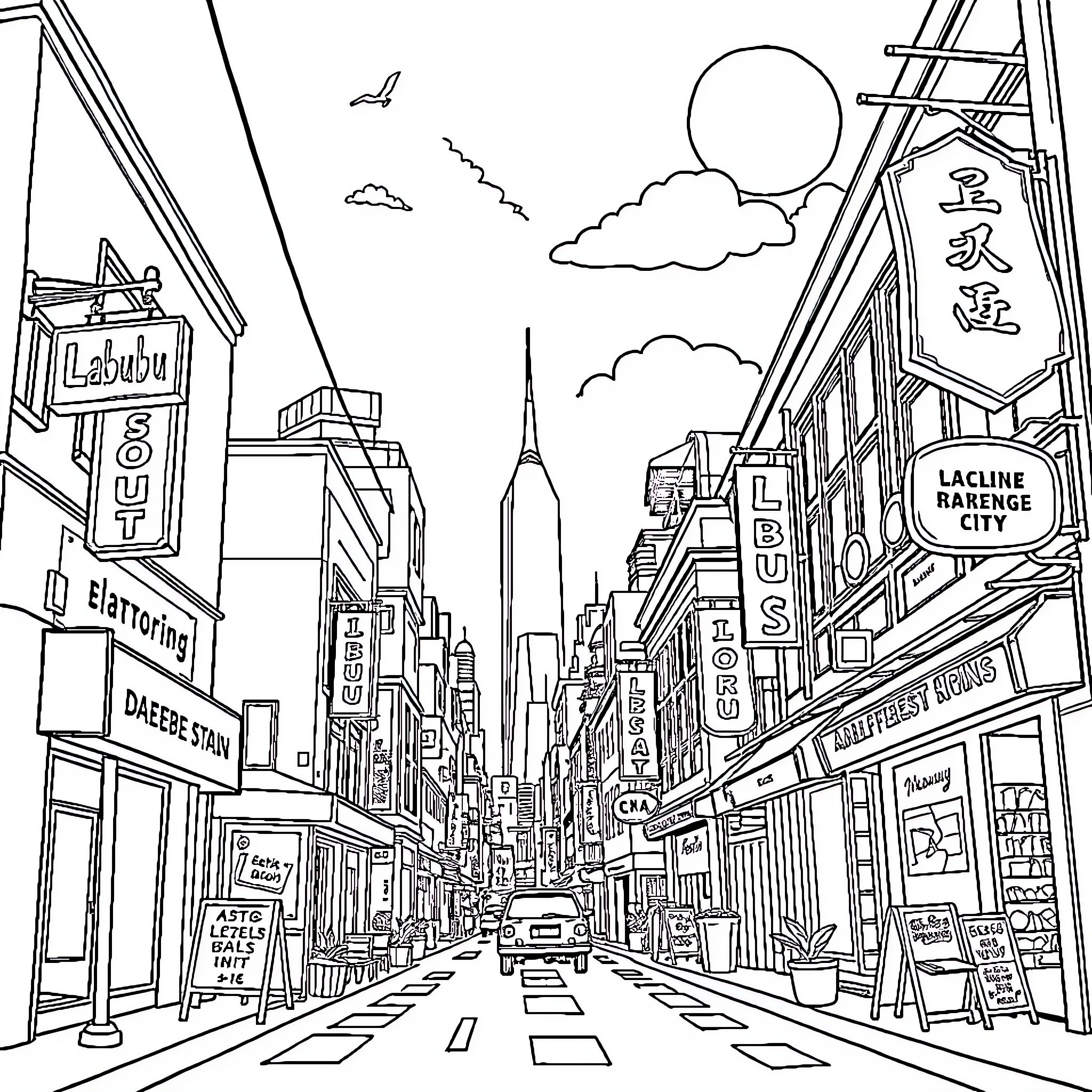 Labubu's Vibrant City Adventure Coloring Page (free black-and-white line drawing printable PDF for all, from beginners to advanced learners, including children, teens, adults, and seniors)