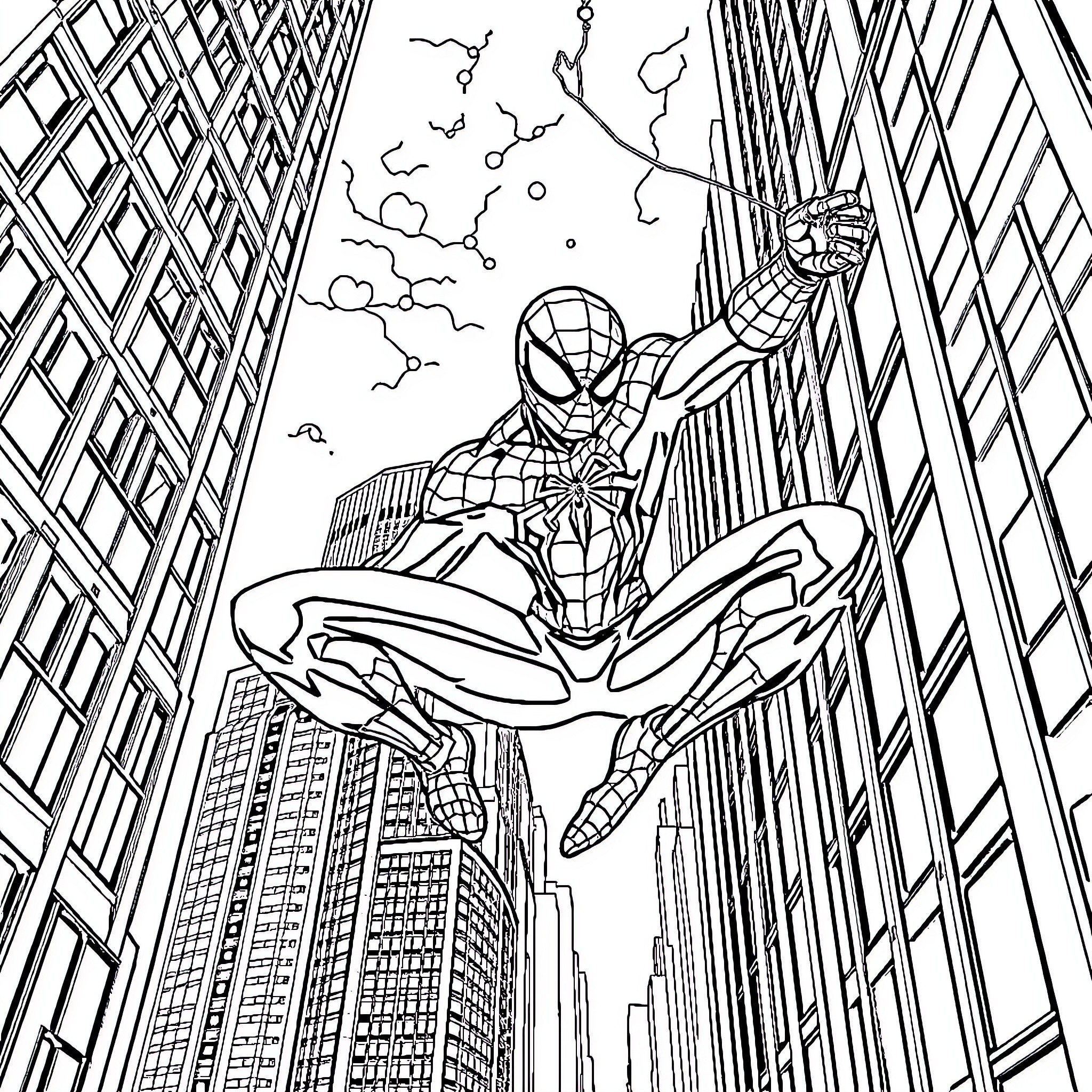 Spider-Man swinging above the city skyline Coloring Page (free black-and-white line drawing printable PDF for all, from beginners to advanced learners, including children, teens, adults, and seniors)