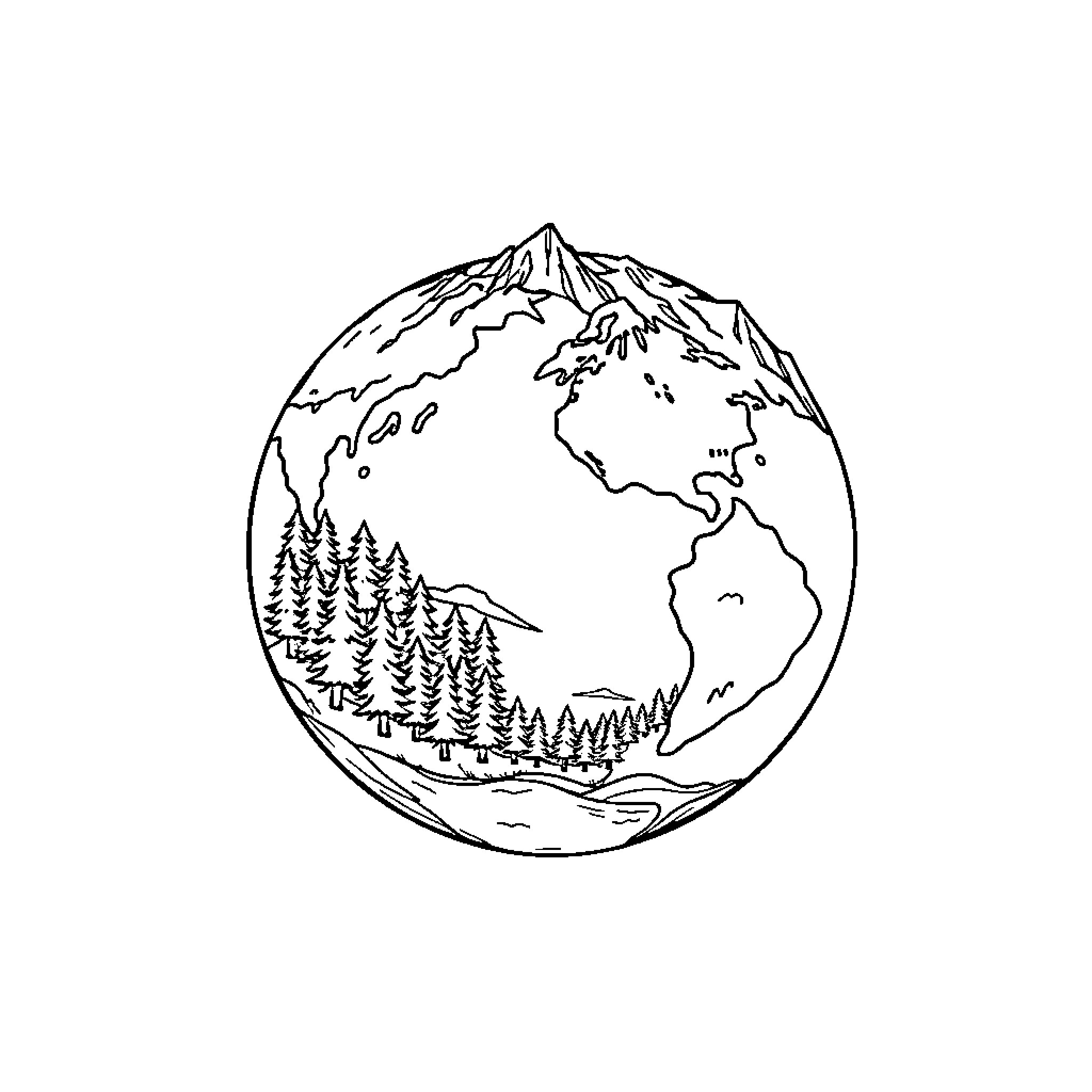 Earth's natural wonders in a single scene Coloring Page (free black-and-white line drawing printable PDF for all, from beginners to advanced learners, including children, teens, adults, and seniors)