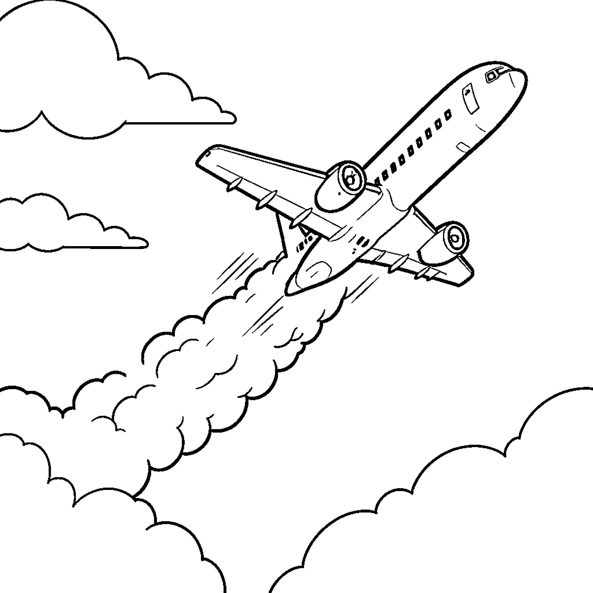 Airplane flying upward through the clouds Coloring Page (free black-and-white line drawing printable PDF for all, from beginners to advanced learners, including children, teens, adults, and seniors)