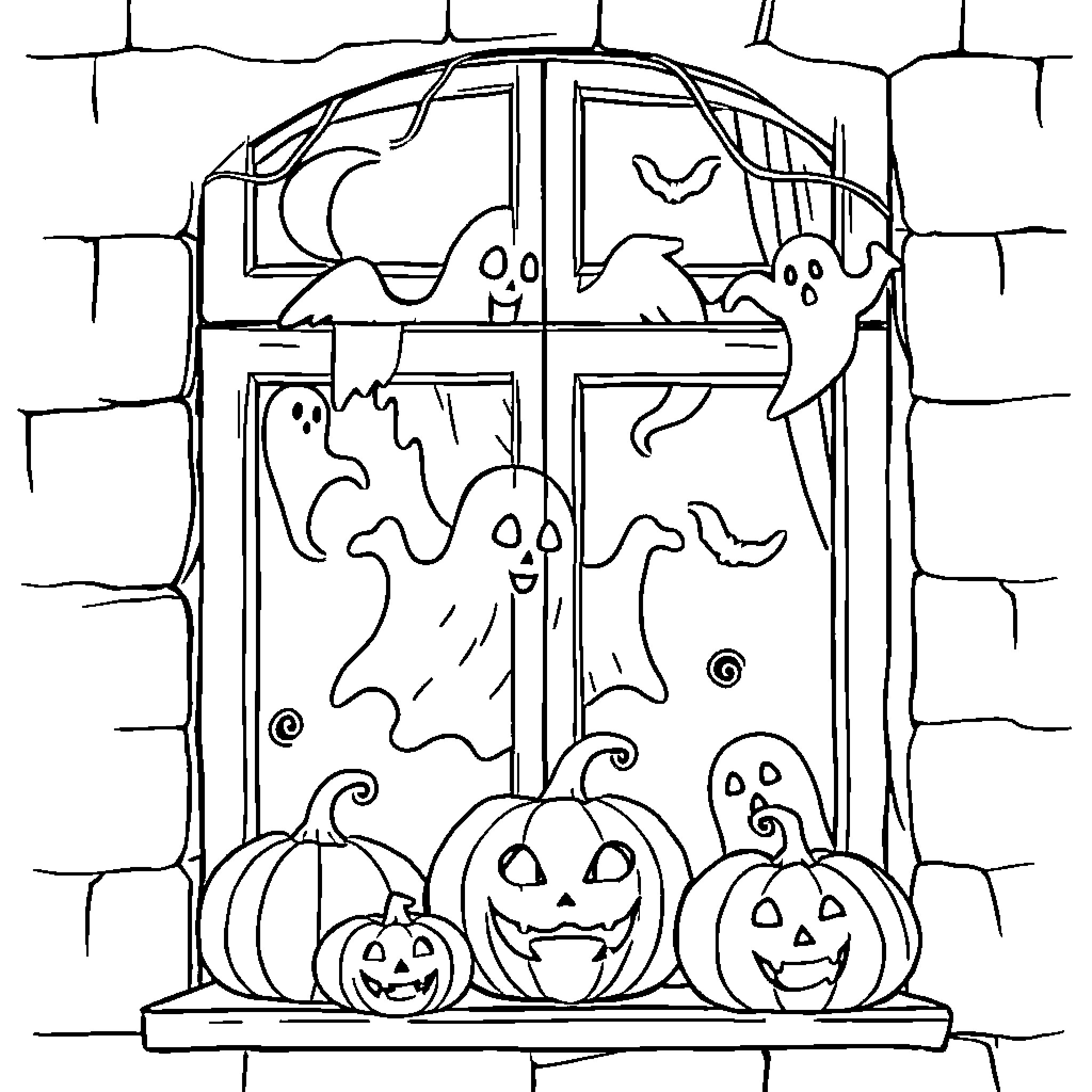 Halloween fun with spooky window displays Coloring Page (free black-and-white line drawing printable PDF for all, from beginners to advanced learners, including children, teens, adults, and seniors)