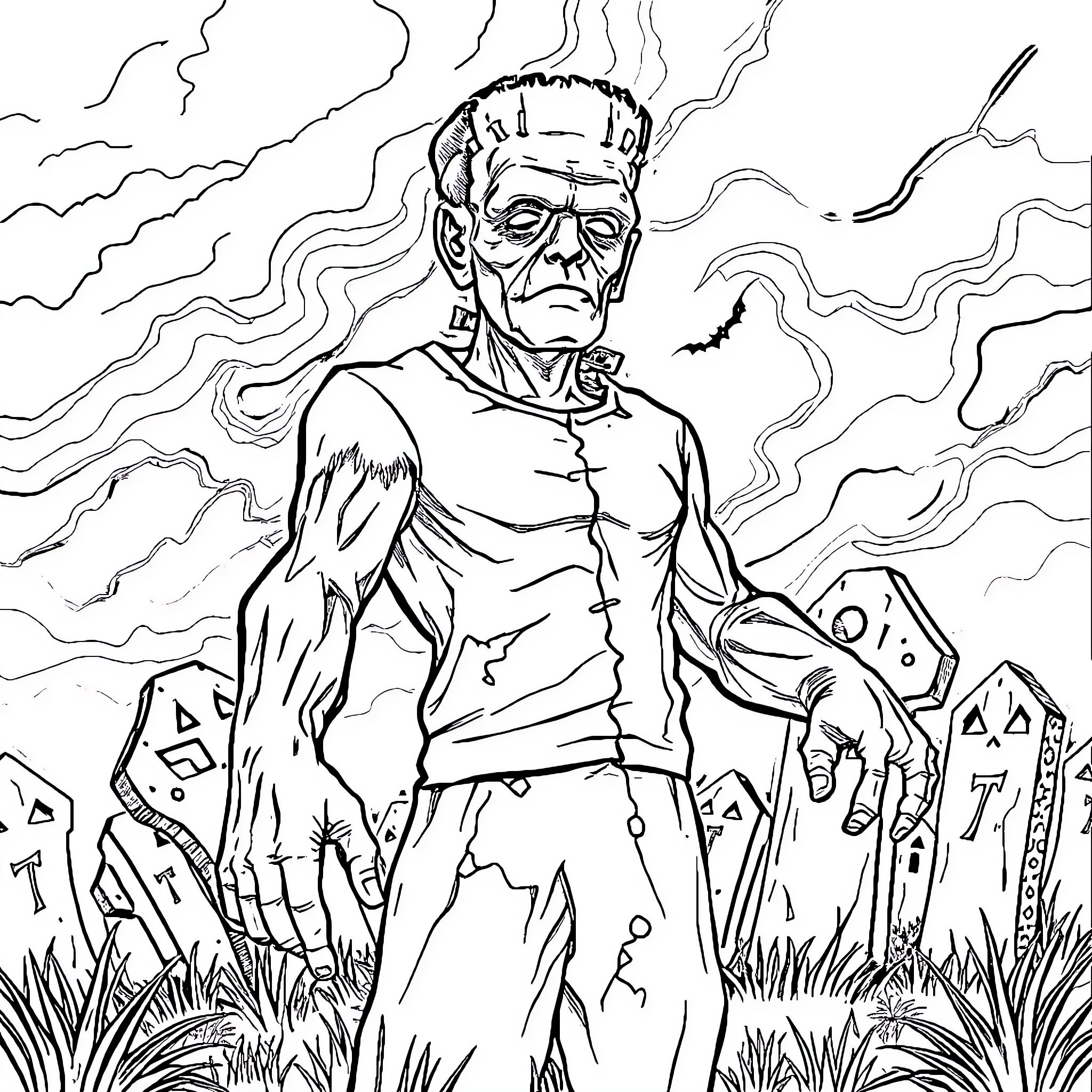 Frankenstein's Creature Emerging from the Wilderness Coloring Page (free black-and-white line drawing printable PDF for all, from beginners to advanced learners, including children, teens, adults, and seniors)