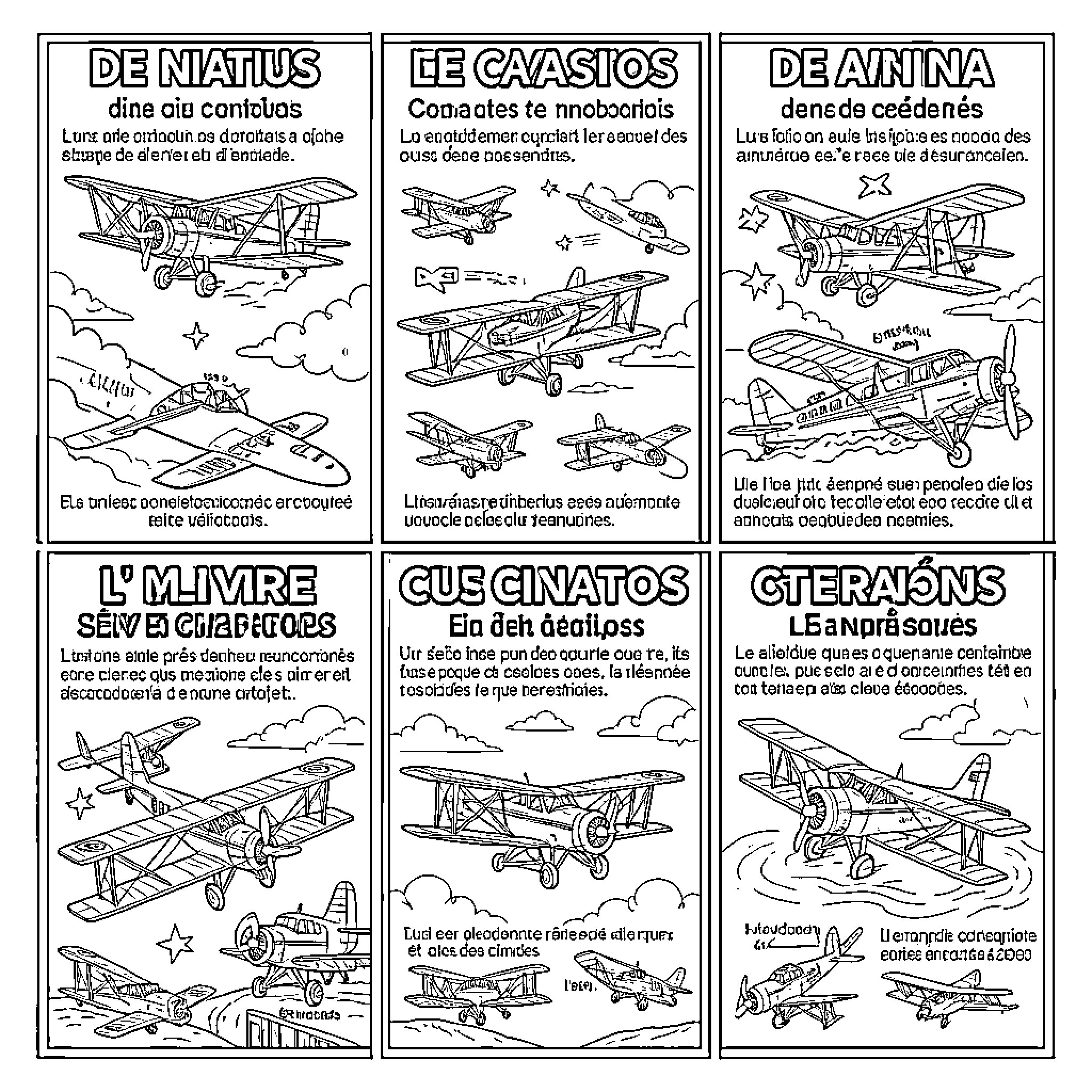 Aviation Vehicles and Expressions in Vintage Illustration Coloring Page (free black-and-white line drawing printable PDF for all, from beginners to advanced learners, including children, teens, adults, and seniors)