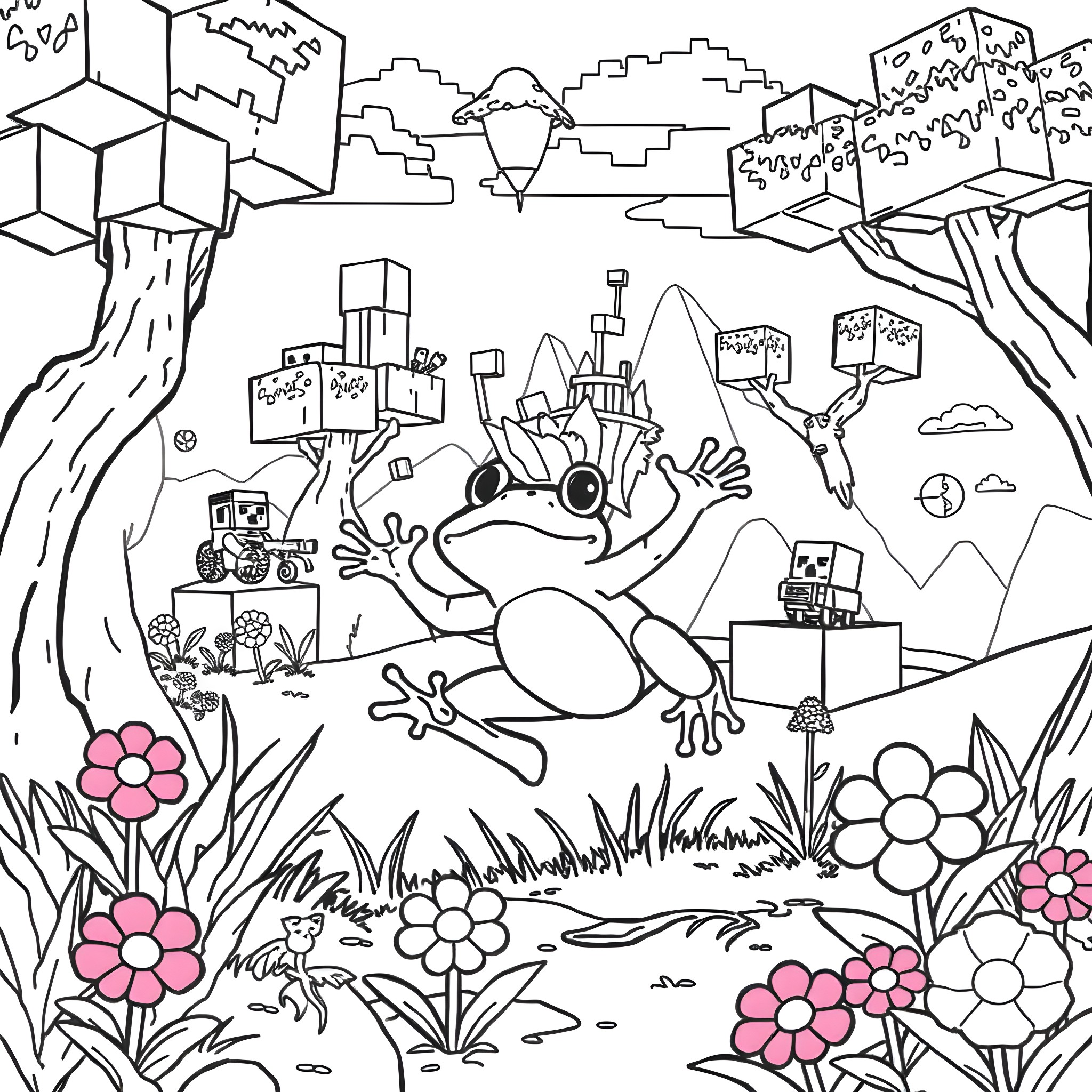 Frog exploring the whimsical and imaginative landscape Coloring Page (free black-and-white line drawing printable PDF for all, from beginners to advanced learners, including children, teens, adults, and seniors)