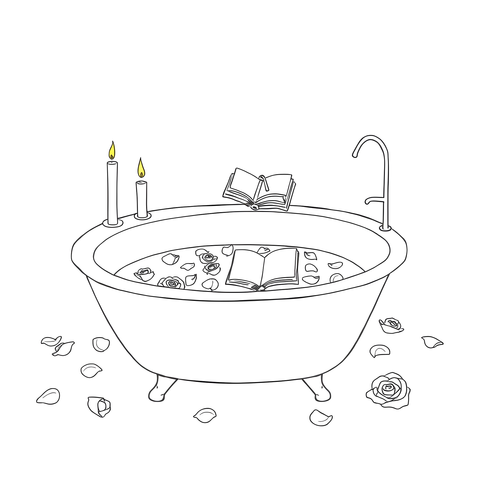 Bathtub filled with books and rose petals Coloring Page (free black-and-white line drawing printable PDF for all, from beginners to advanced learners, including children, teens, adults, and seniors)