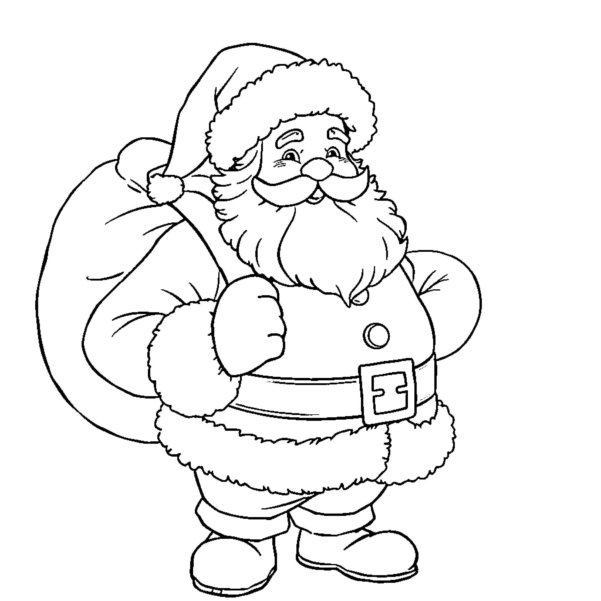 Santa Claus waving and smiling in holiday outfit Coloring Page (free black-and-white line drawing printable PDF for all, from beginners to advanced learners, including children, teens, adults, and seniors)