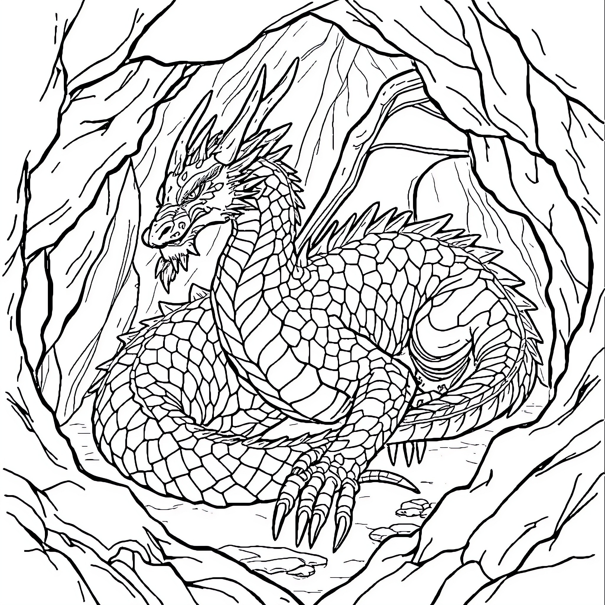 Dragon coiled in icy mountain cave Coloring Page (free black-and-white line drawing printable PDF for all, from beginners to advanced learners, including children, teens, adults, and seniors)