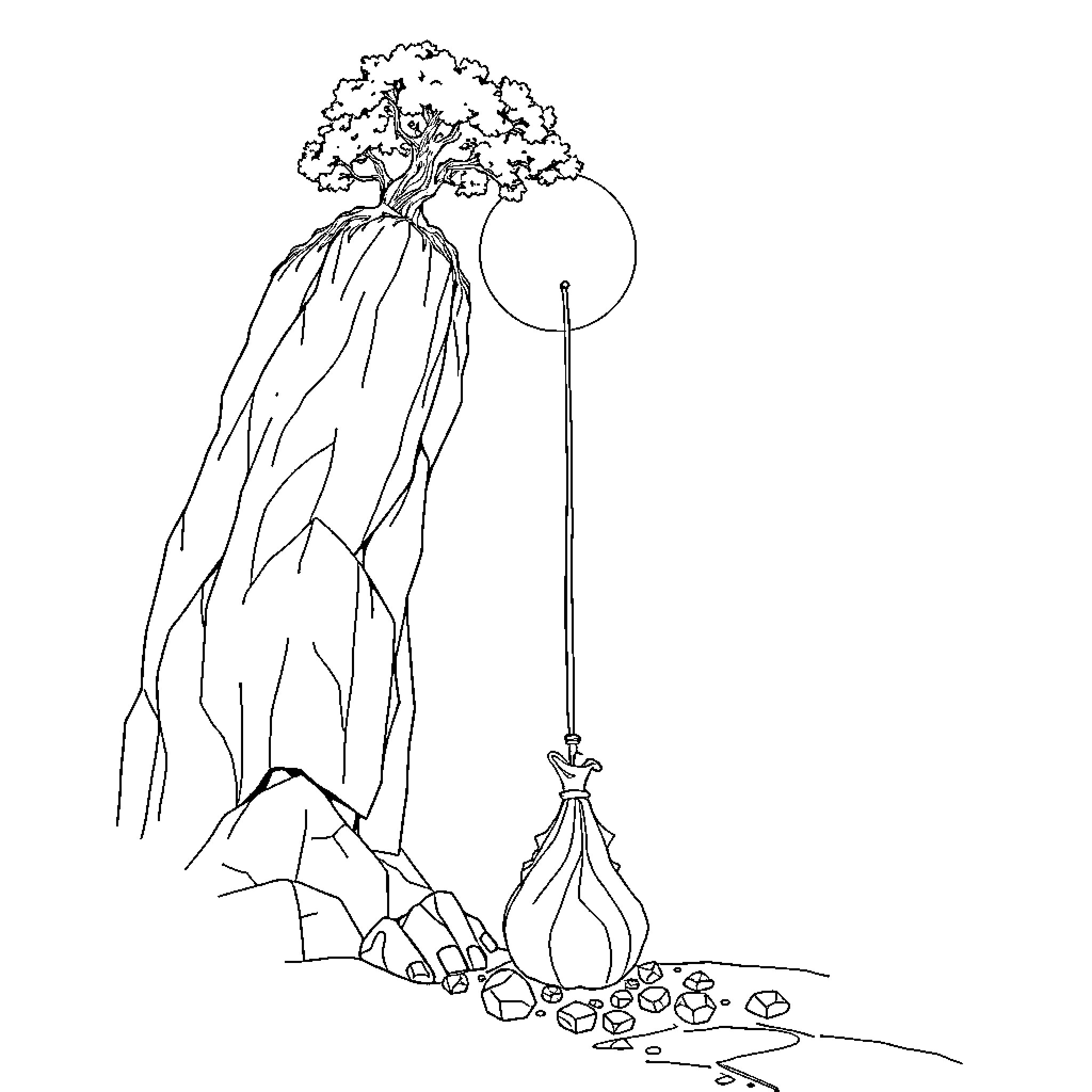 Giant Magical Tree on Cliff with Enchanted Lantern Coloring Page (free black-and-white line drawing printable PDF for all, from beginners to advanced learners, including children, teens, adults, and seniors)
