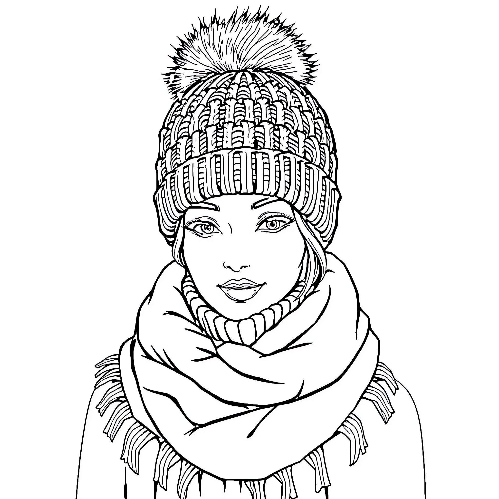 Hat with Pom-Pom and Scarf Worn by Person Coloring Page (free black-and-white line drawing printable PDF for all, from beginners to advanced learners, including children, teens, adults, and seniors)