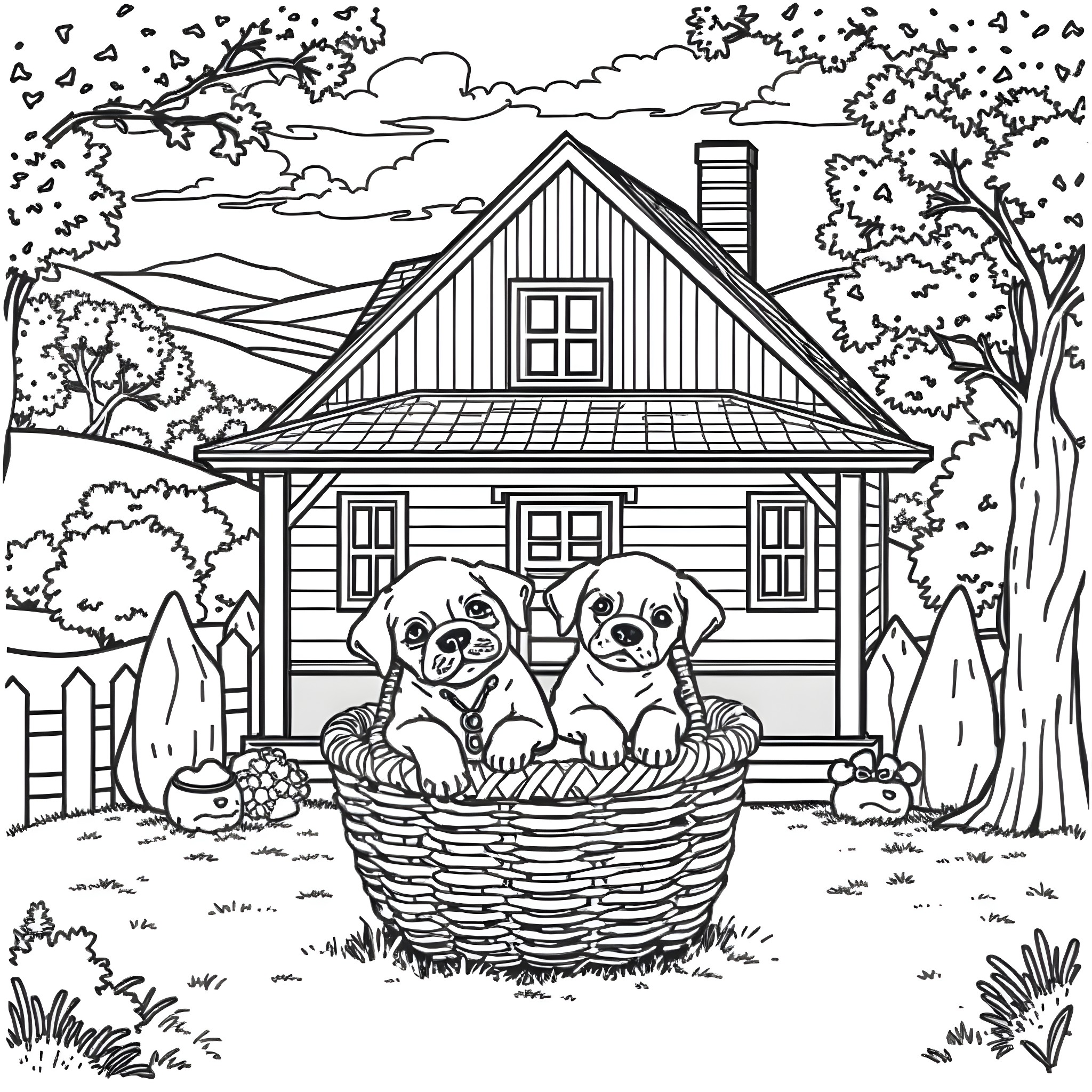 Puppy Pals in the Country Coloring Page (free black-and-white line drawing printable PDF for all, from beginners to advanced learners, including children, teens, adults, and seniors)