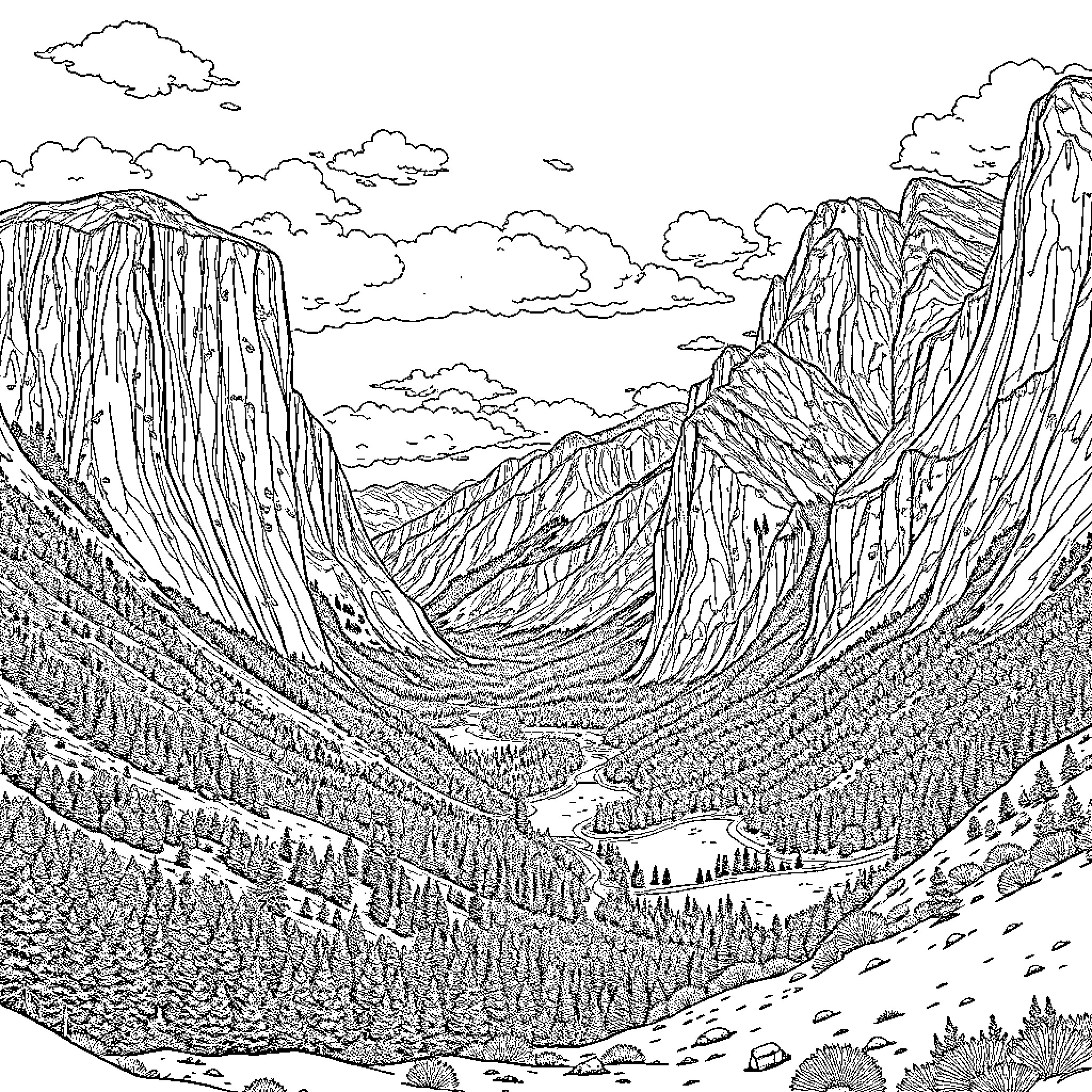 Mountain valley with rugged peaks and wooded slopes Coloring Page (free black-and-white line drawing printable PDF for all, from beginners to advanced learners, including children, teens, adults, and seniors)