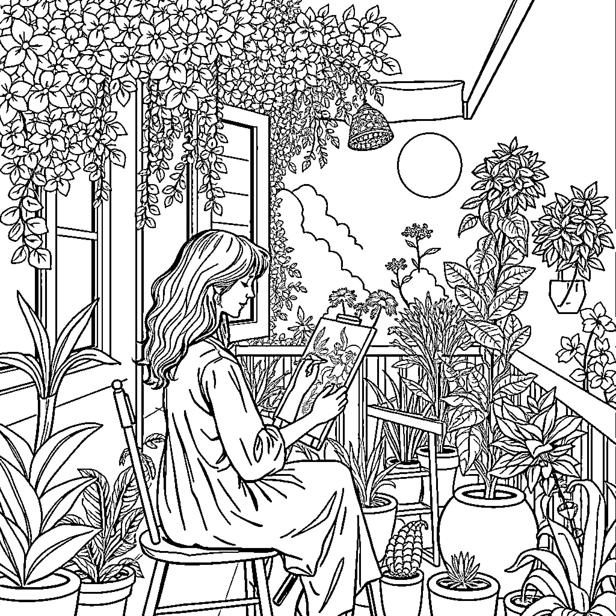 Lady in a Tranquil Garden Painting Coloring Page (free black-and-white line drawing printable PDF for all, from beginners to advanced learners, including children, teens, adults, and seniors)