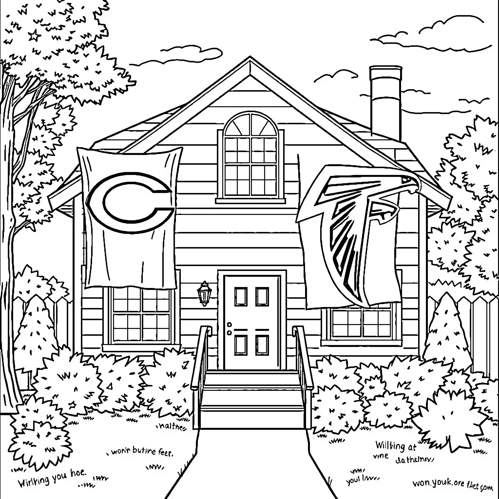 Football team's house with flags and uniforms Coloring Page (free black-and-white line drawing printable PDF for all, from beginners to advanced learners, including children, teens, adults, and seniors)