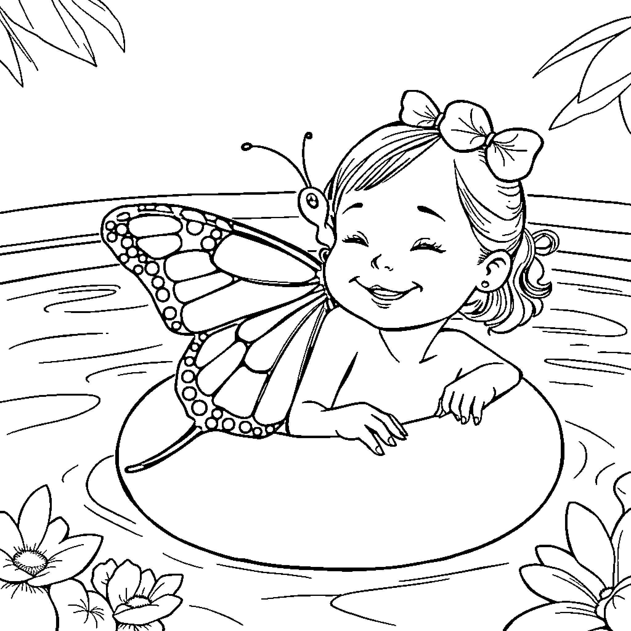 Butterfly girl smiling in a pond Coloring Page (free black-and-white line drawing printable PDF for all, from beginners to advanced learners, including children, teens, adults, and seniors)