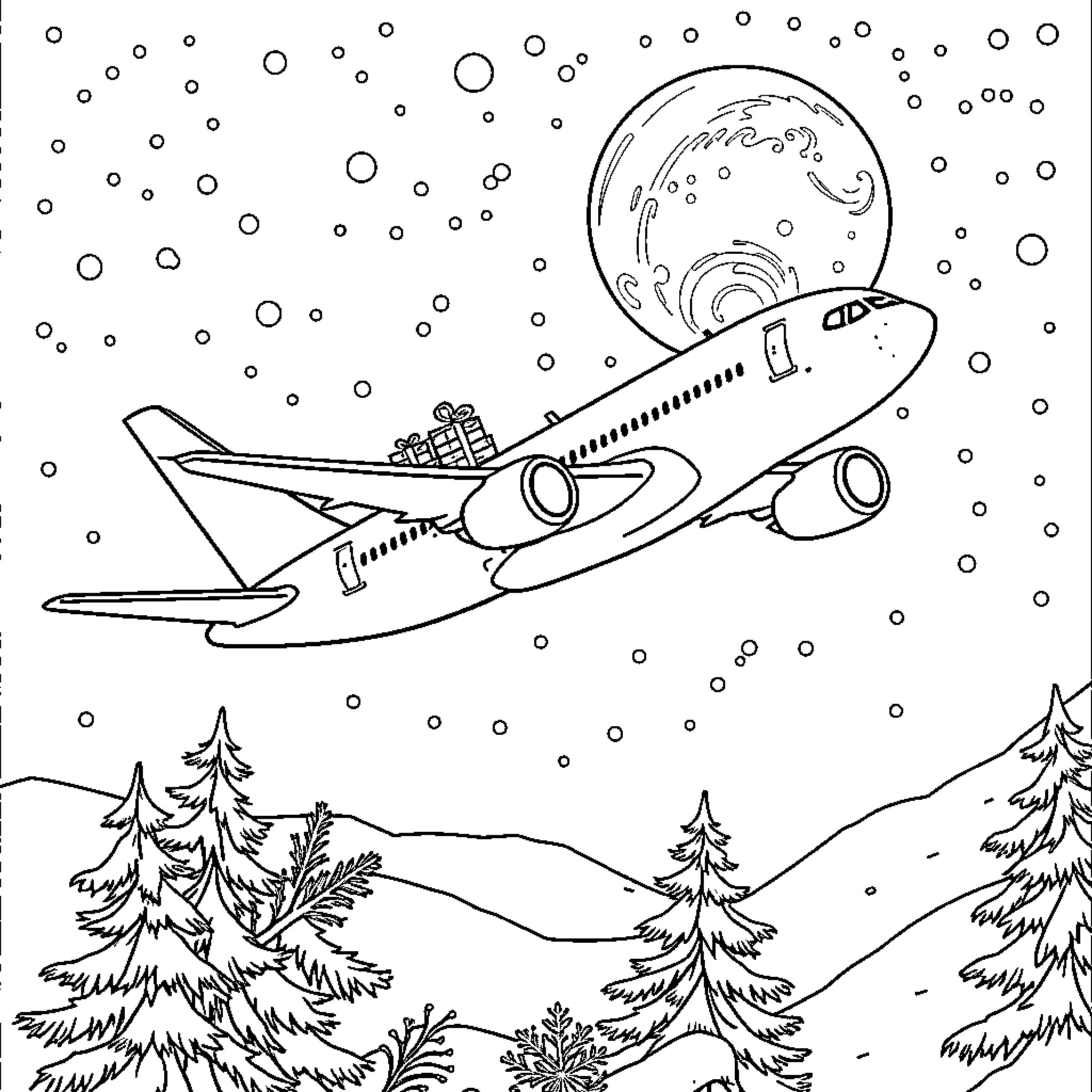 Boeing 787 aircraft flying over snowy landscape Coloring Page (free black-and-white line drawing printable PDF for all, from beginners to advanced learners, including children, teens, adults, and seniors)