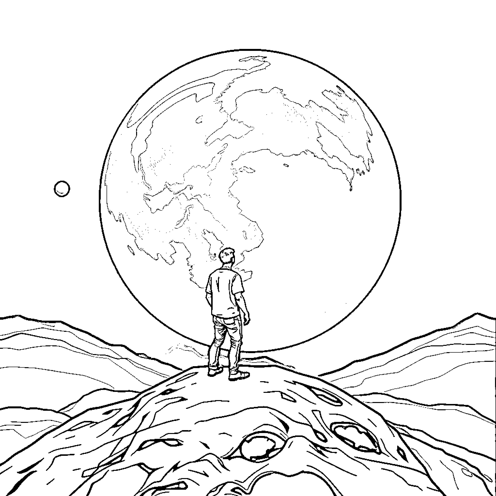 Guy looking at vast globe in the distance Coloring Page (free black-and-white line drawing printable PDF for all, from beginners to advanced learners, including children, teens, adults, and seniors)