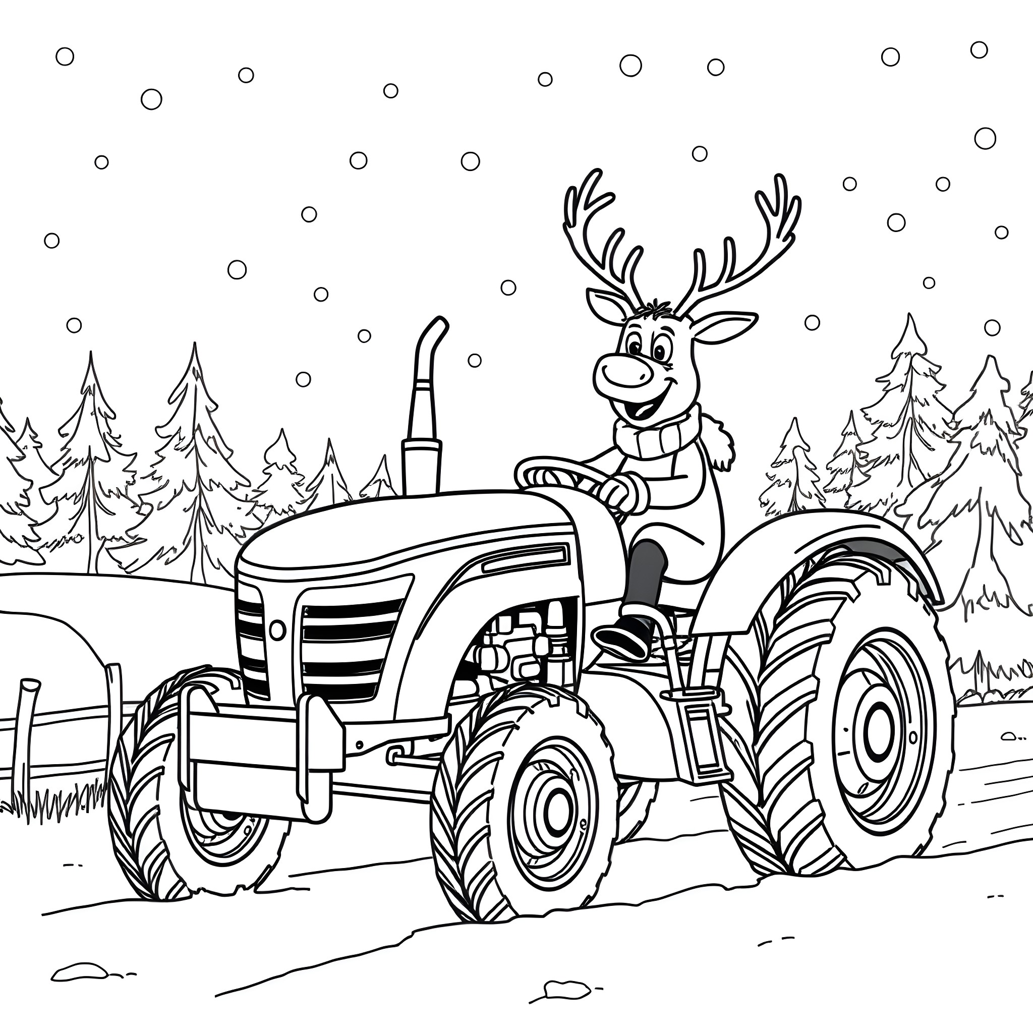 Rudolph the Reindeer Driving a Tractor in Snowy Forest Coloring Page (free black-and-white line drawing printable PDF for all, from beginners to advanced learners, including children, teens, adults, and seniors)