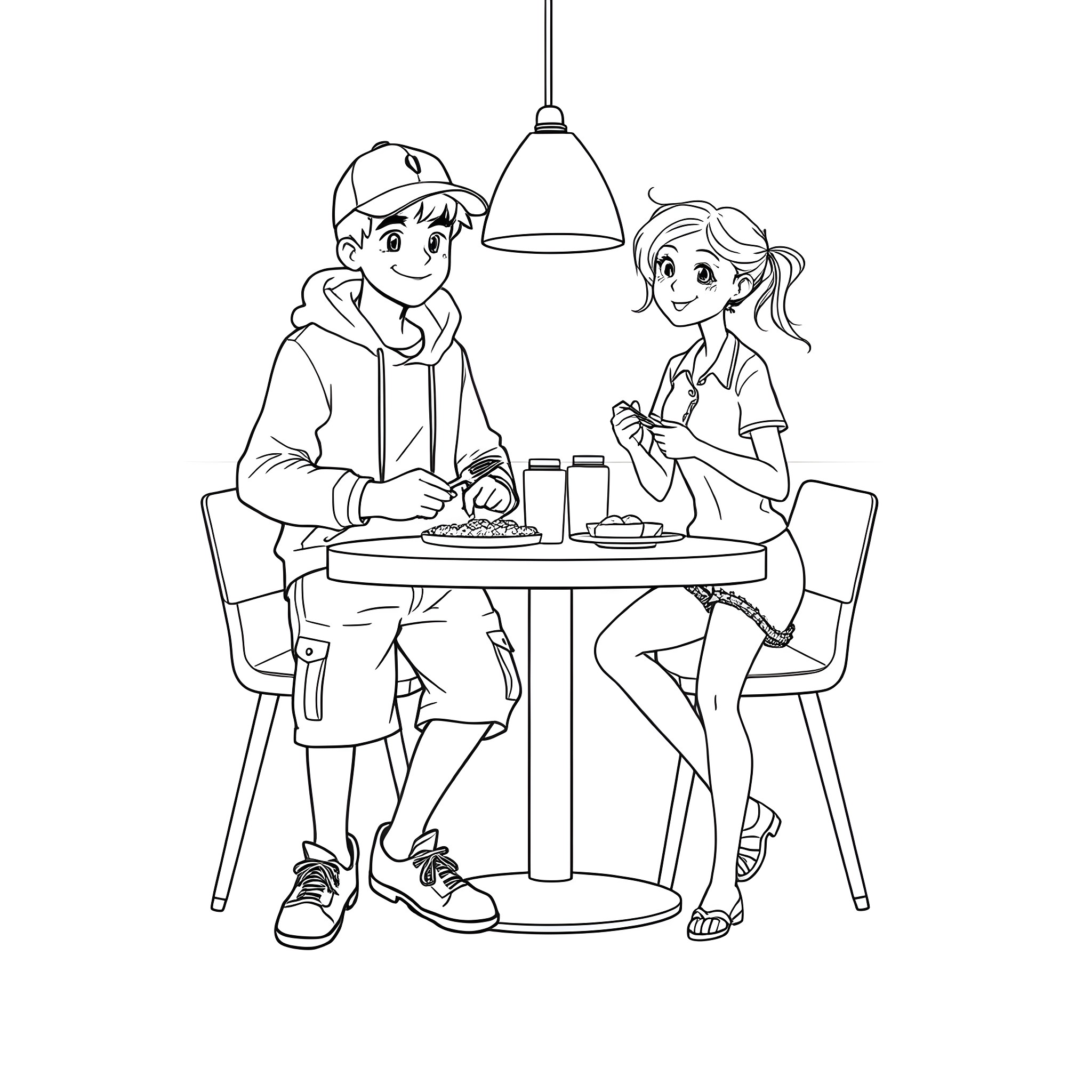 Teen friends enjoying a meal together Coloring Page (free black-and-white line drawing printable PDF for all, from beginners to advanced learners, including children, teens, adults, and seniors)