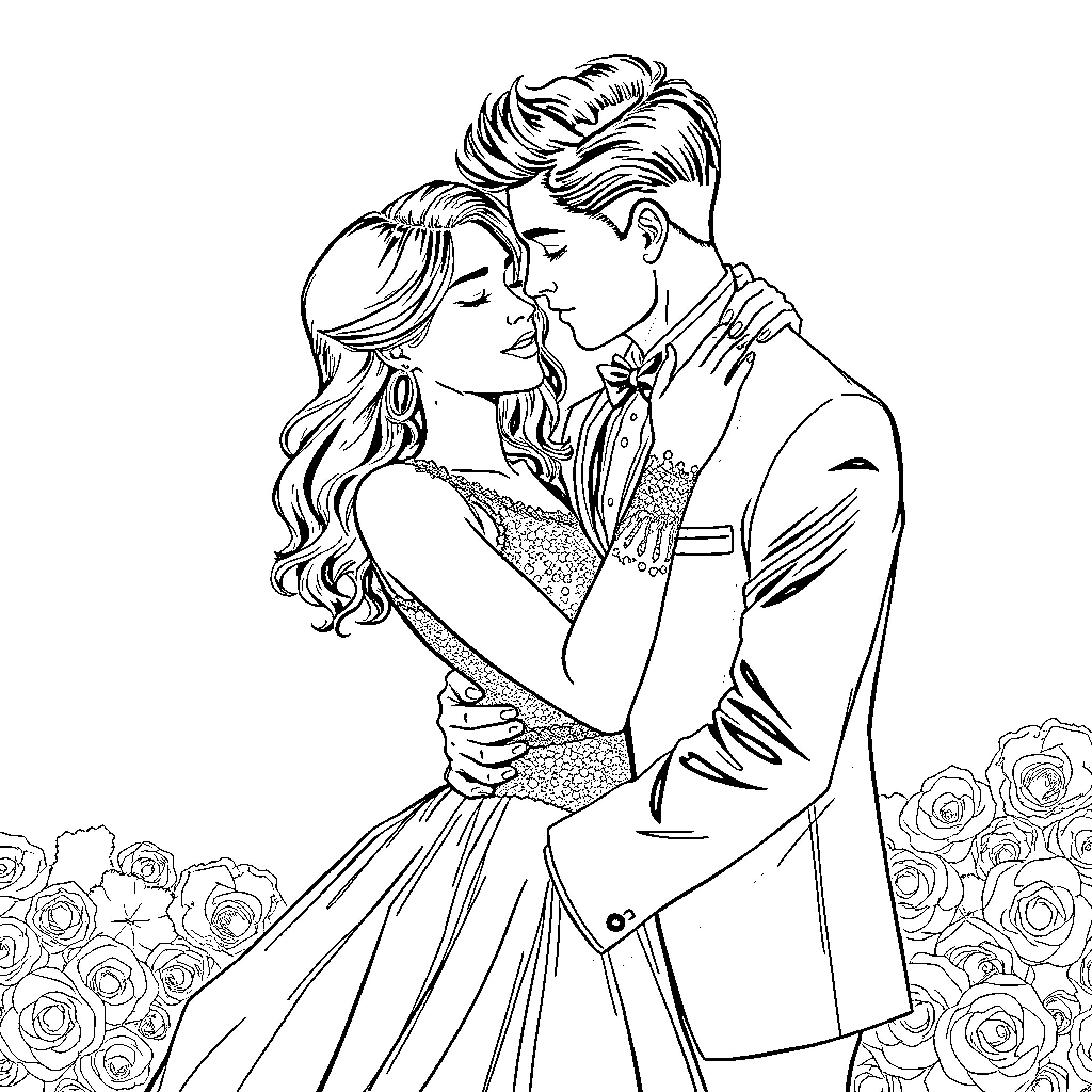 Girl and boy in formal attire embrace affectionately Coloring Page (free black-and-white line drawing printable PDF for all, from beginners to advanced learners, including children, teens, adults, and seniors)