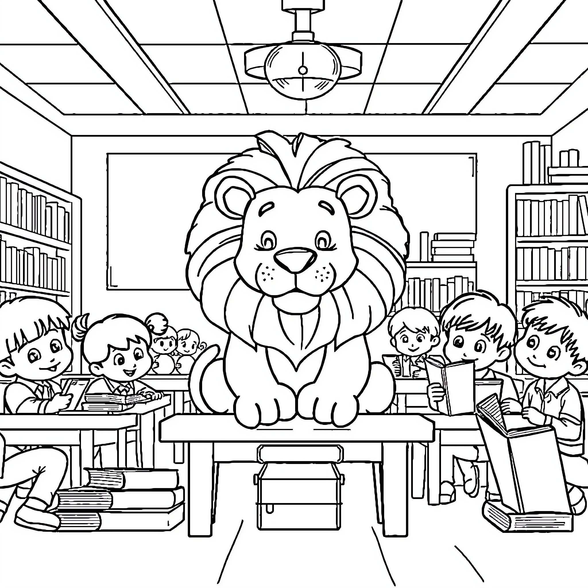 Lion watching over children in classroom Coloring Page (free black-and-white line drawing printable PDF for all, from beginners to advanced learners, including children, teens, adults, and seniors)
