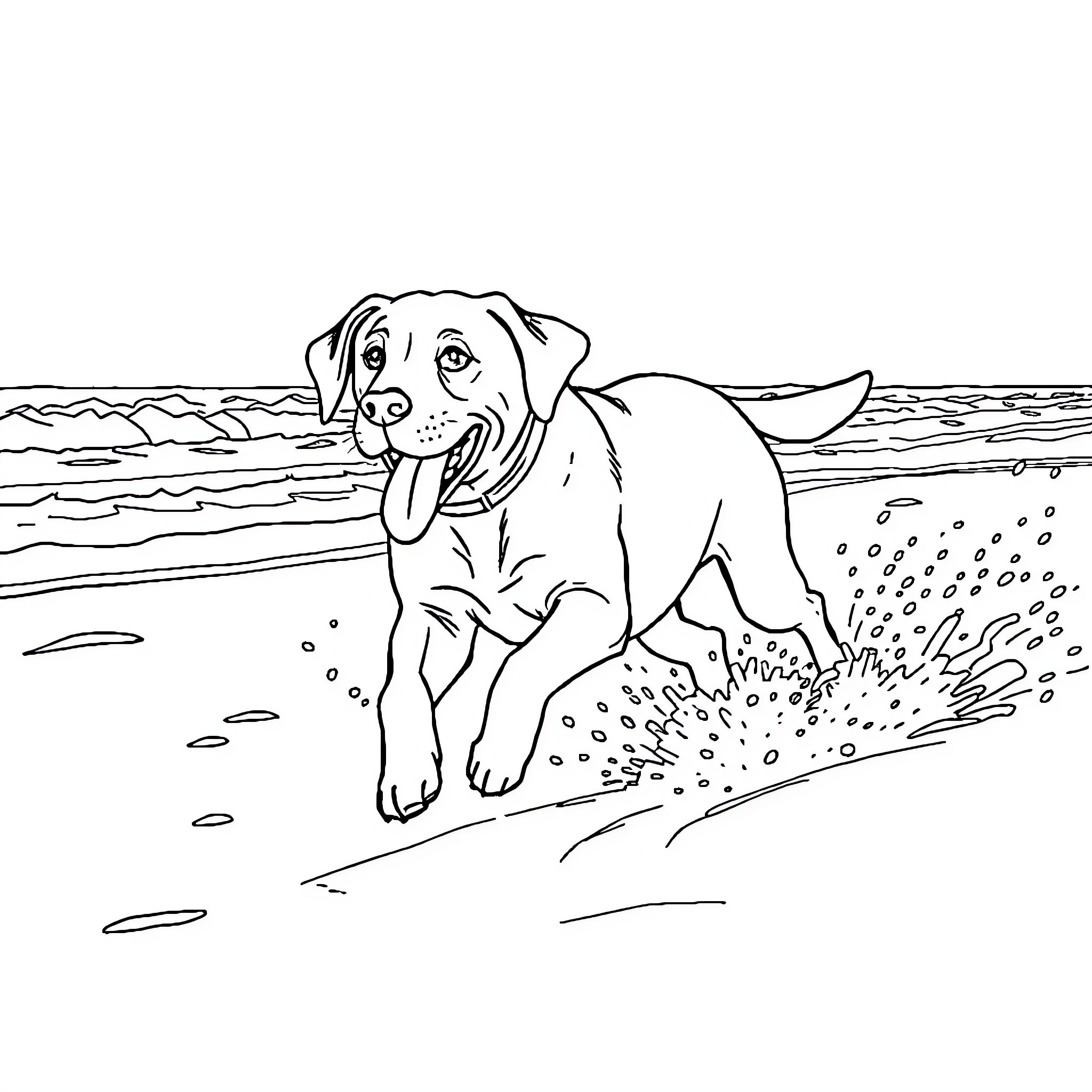 Labrador playing joyfully in the waves Coloring Page (free black-and-white line drawing printable PDF for all, from beginners to advanced learners, including children, teens, adults, and seniors)