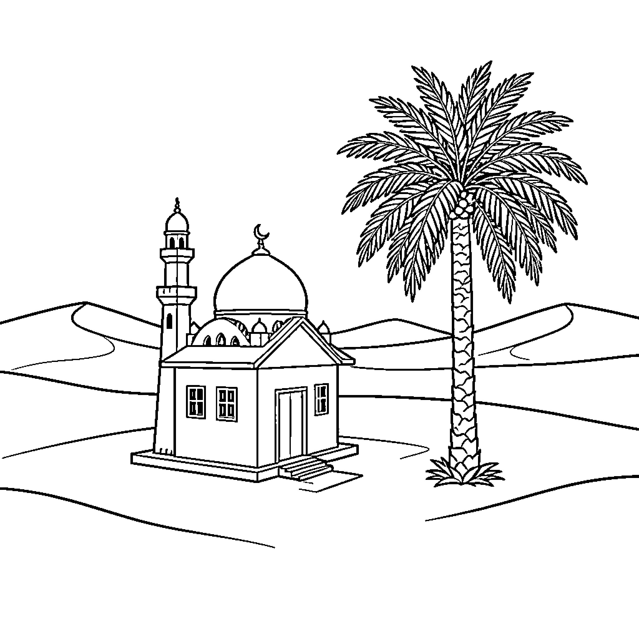 Masjid in desert landscape with palm tree Coloring Page (free black-and-white line drawing printable PDF for all, from beginners to advanced learners, including children, teens, adults, and seniors)