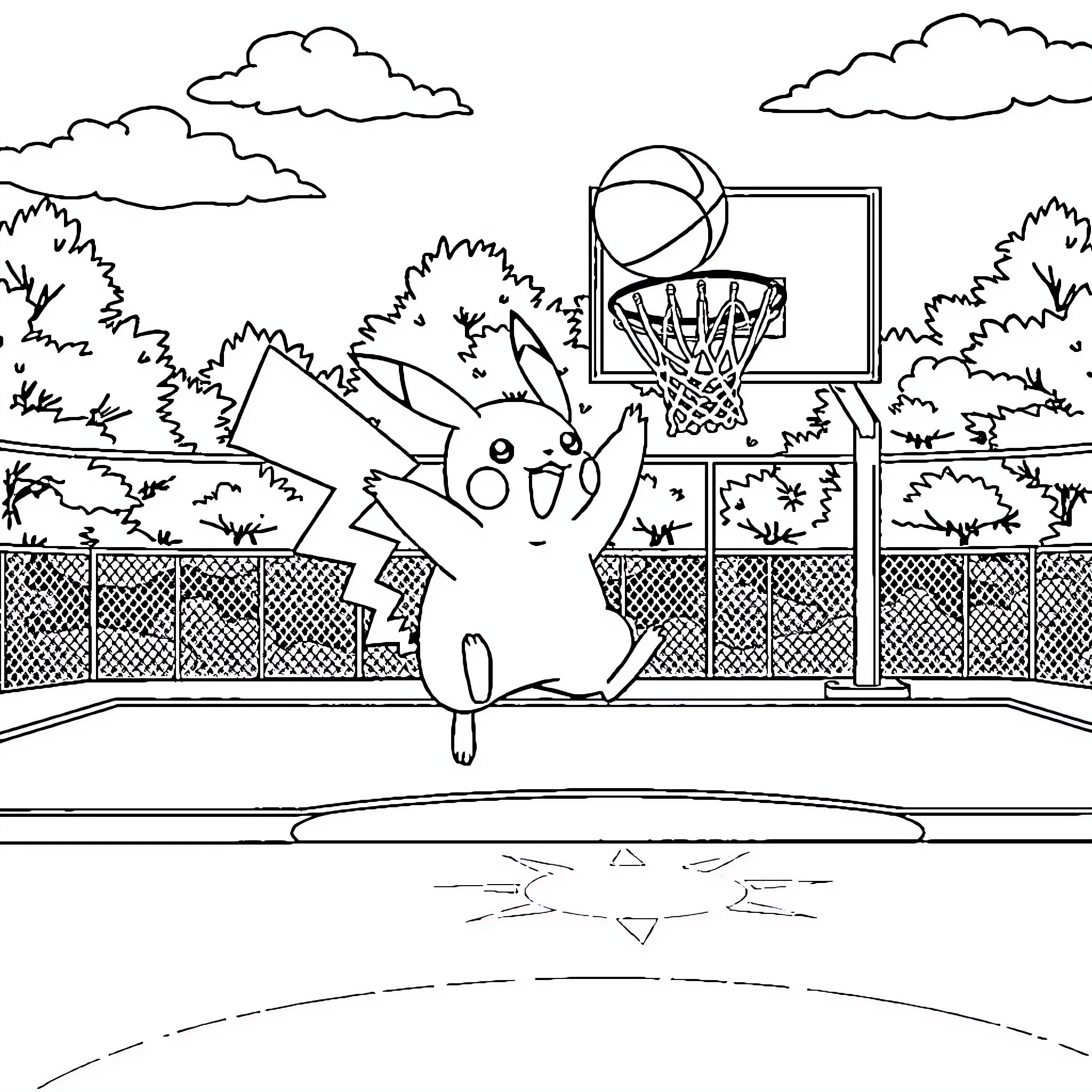 Pikachu playing basketball on the outdoor court Coloring Page (free black-and-white line drawing printable PDF for all, from beginners to advanced learners, including children, teens, adults, and seniors)