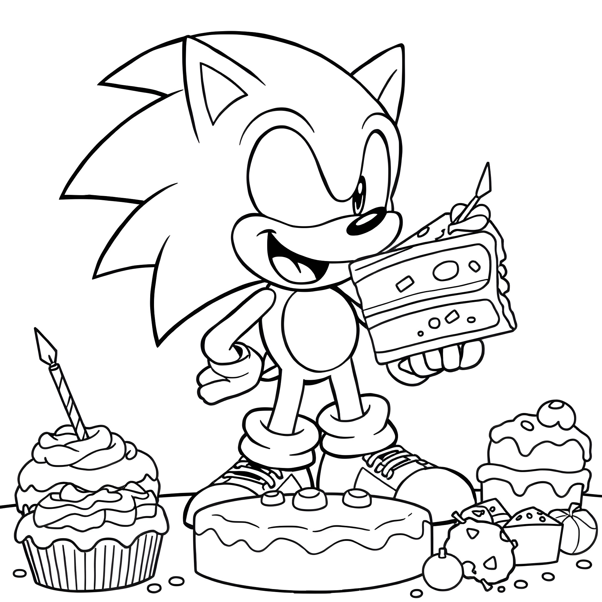 Sonic Enjoying Birthday Treats and Music Coloring Page (free black-and-white line drawing printable PDF for all, from beginners to advanced learners, including children, teens, adults, and seniors)