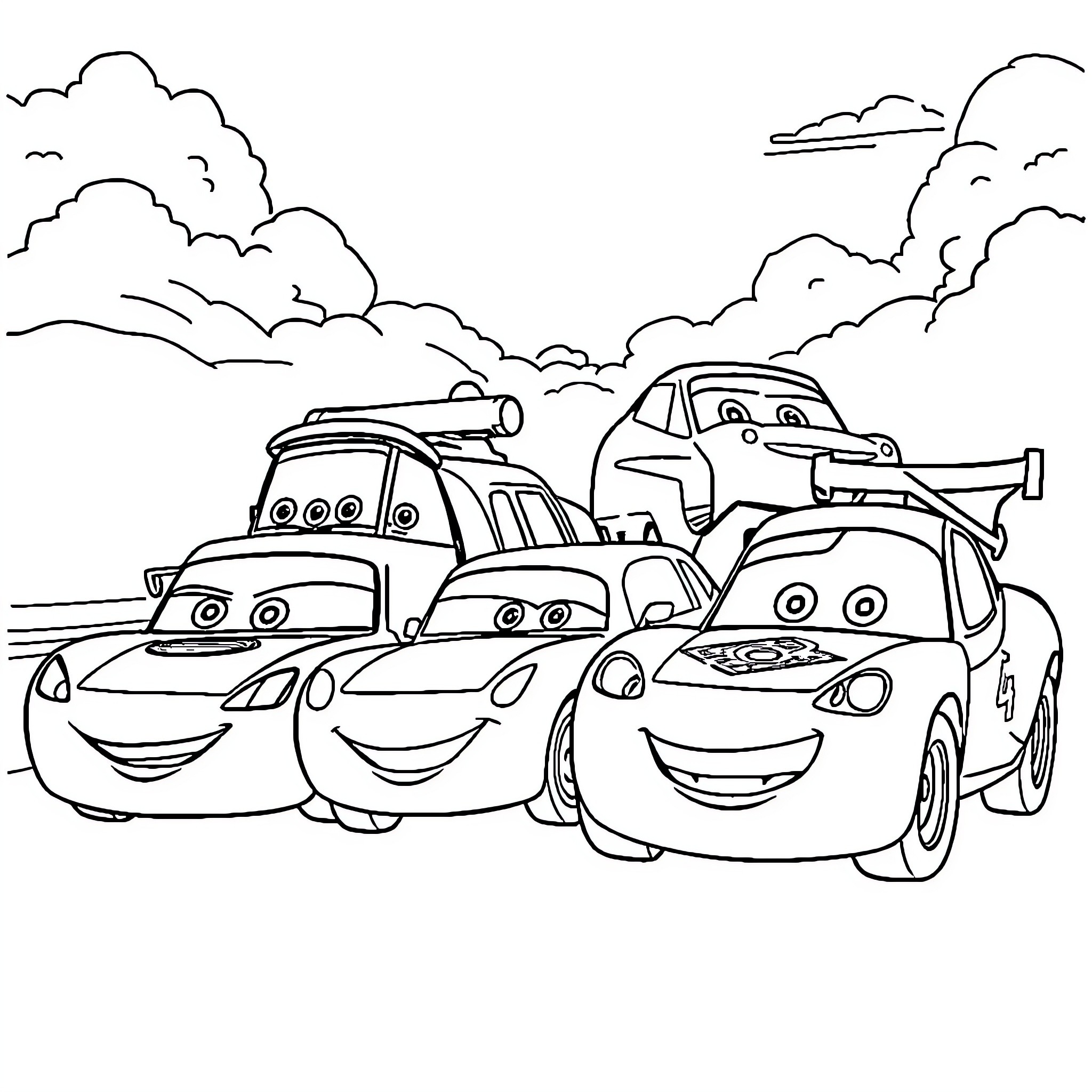 Car Characters in Animated Scene Coloring Page (free black-and-white line drawing printable PDF for all, from beginners to advanced learners, including children, teens, adults, and seniors)