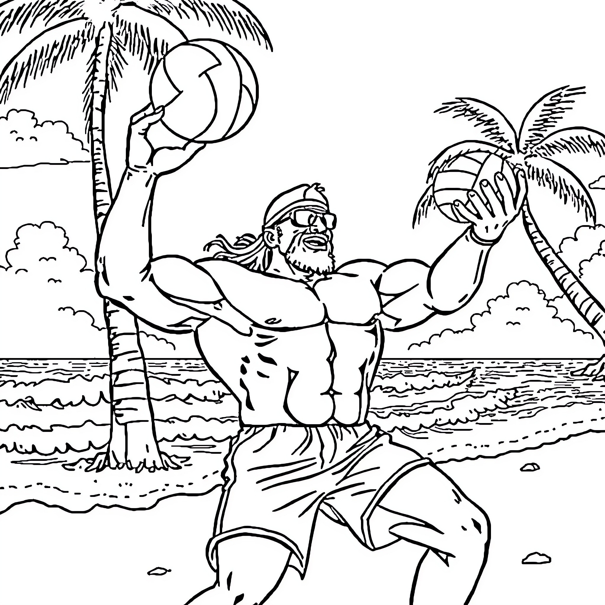 Hulk Hogan enjoying a beach day with coconuts and wrestling Coloring Page (free black-and-white line drawing printable PDF for all, from beginners to advanced learners, including children, teens, adults, and seniors)