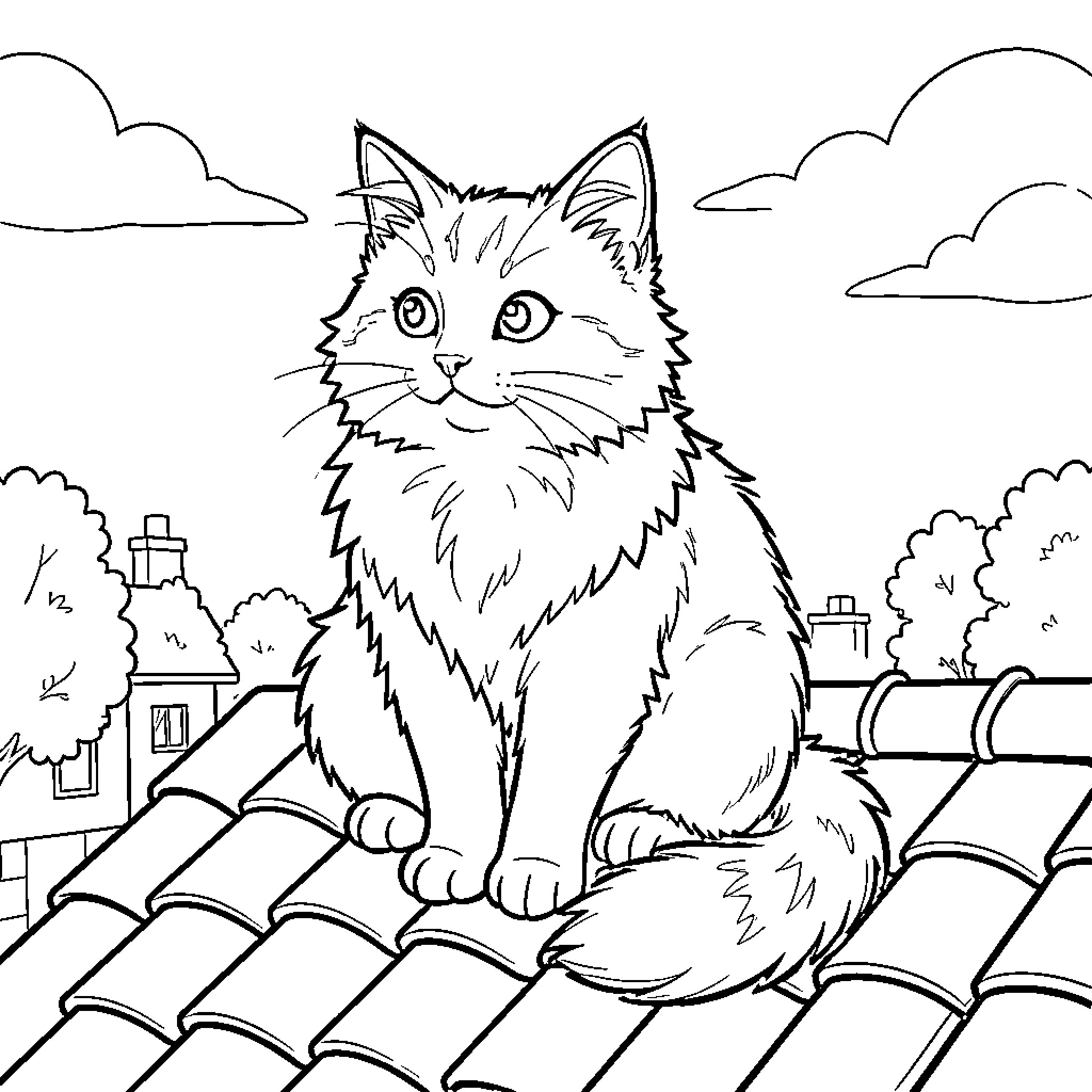 Cat sitting on a rooftop Coloring Page (free black-and-white line drawing printable PDF for all, from beginners to advanced learners, including children, teens, adults, and seniors)