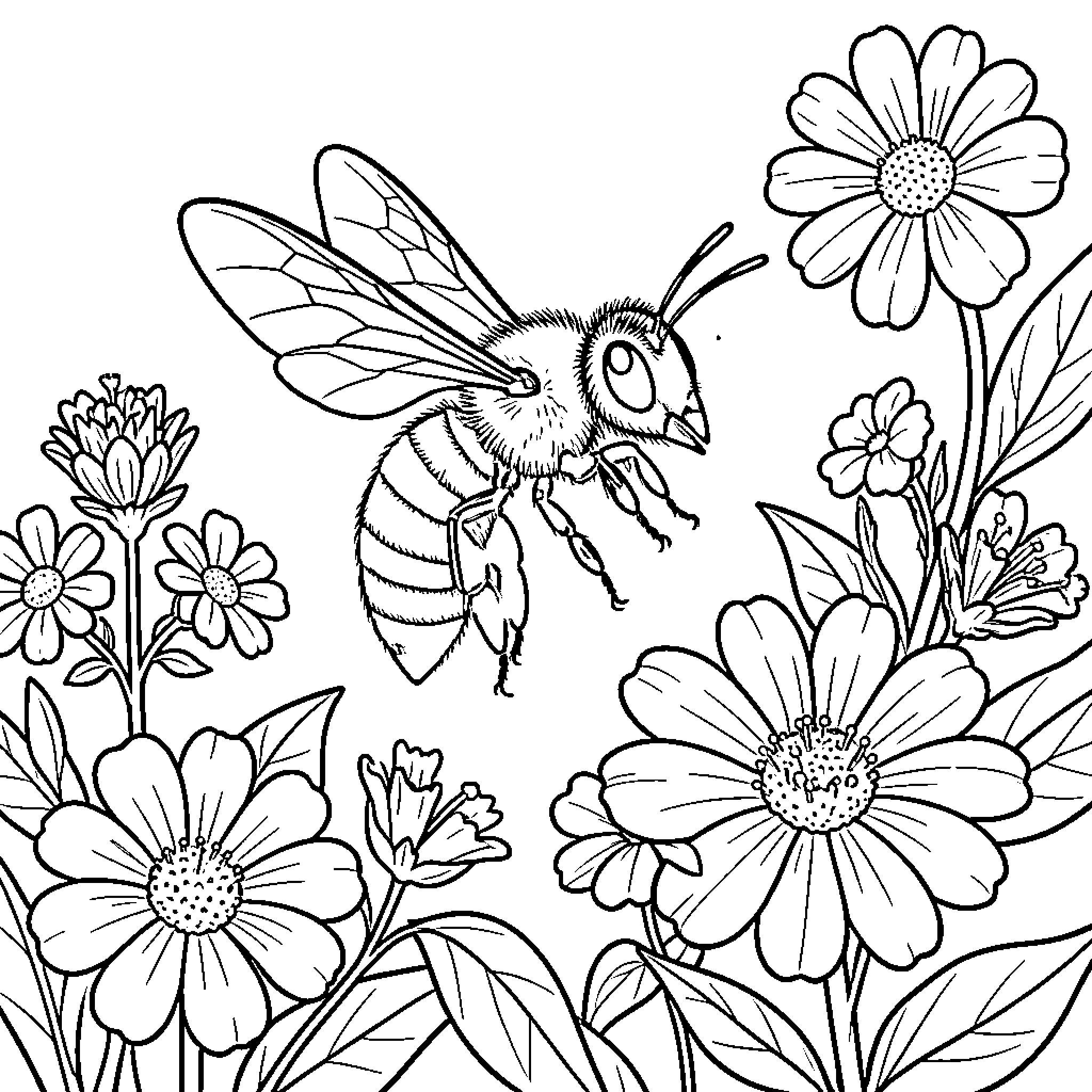 Bee flying amidst beautiful blooming flowers Coloring Page (free black-and-white line drawing printable PDF for all, from beginners to advanced learners, including children, teens, adults, and seniors)
