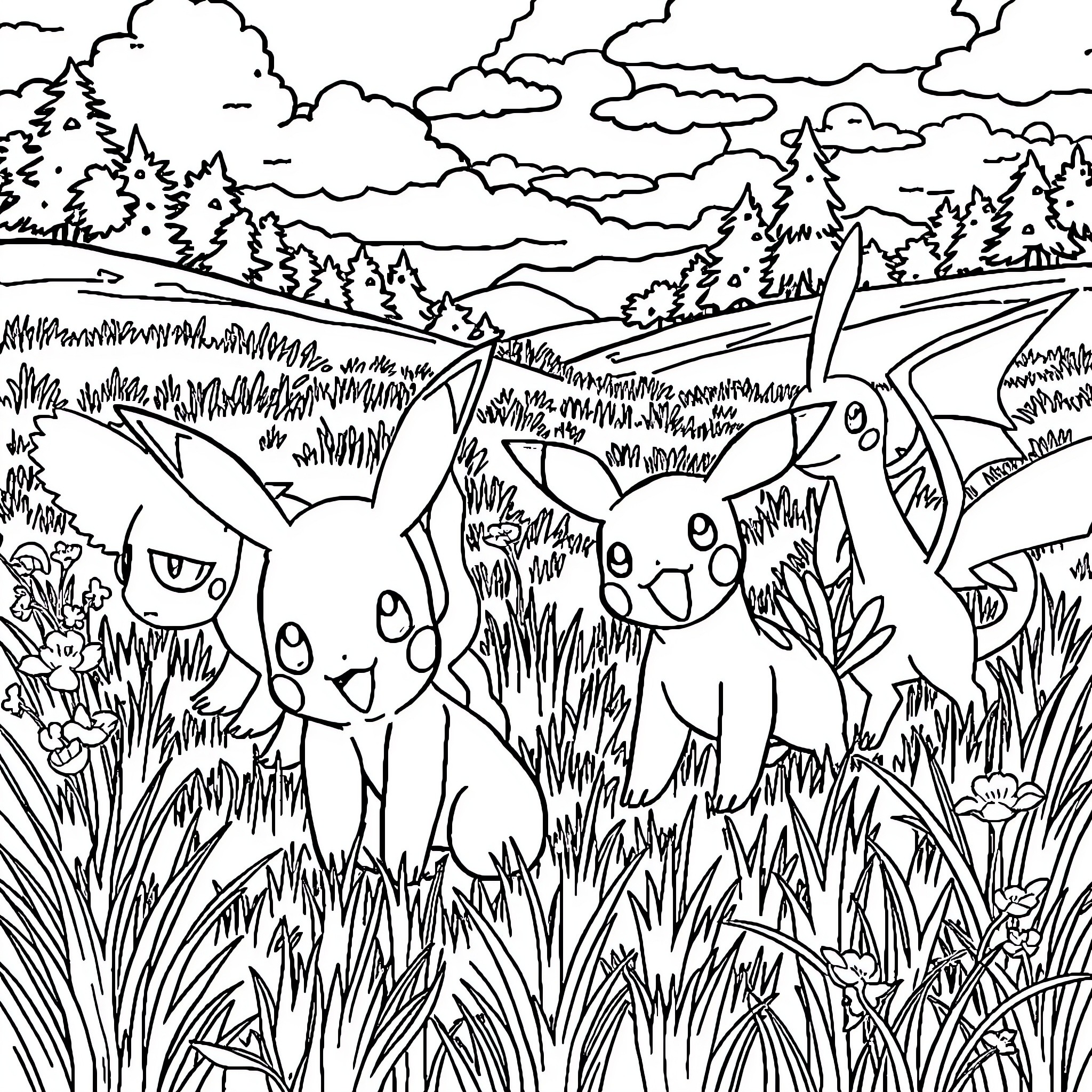 Pokémon enjoying playful adventure in the wilderness Coloring Page (free black-and-white line drawing printable PDF for all, from beginners to advanced learners, including children, teens, adults, and seniors)