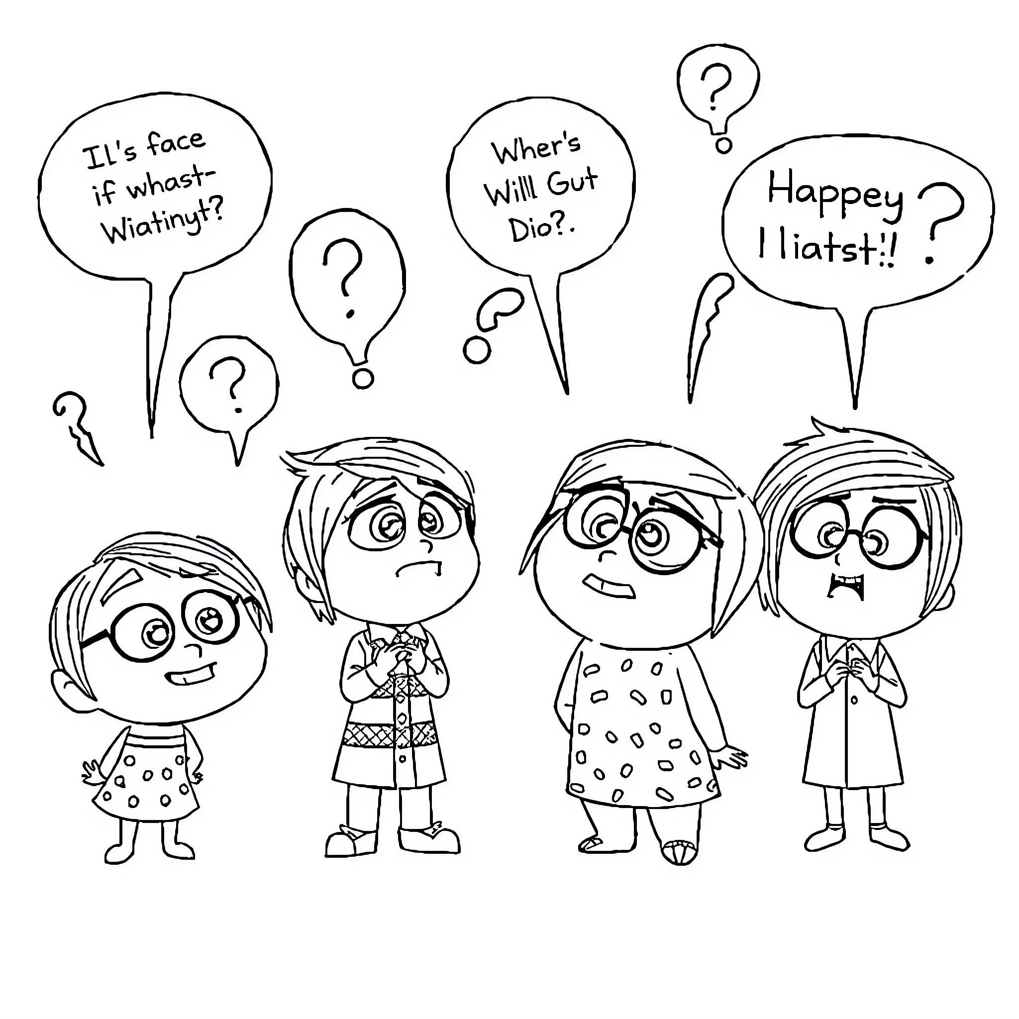 Inside Out Characters Expressing Various Emotions and Thoughts Coloring Page (free black-and-white line drawing printable PDF for all, from beginners to advanced learners, including children, teens, adults, and seniors)