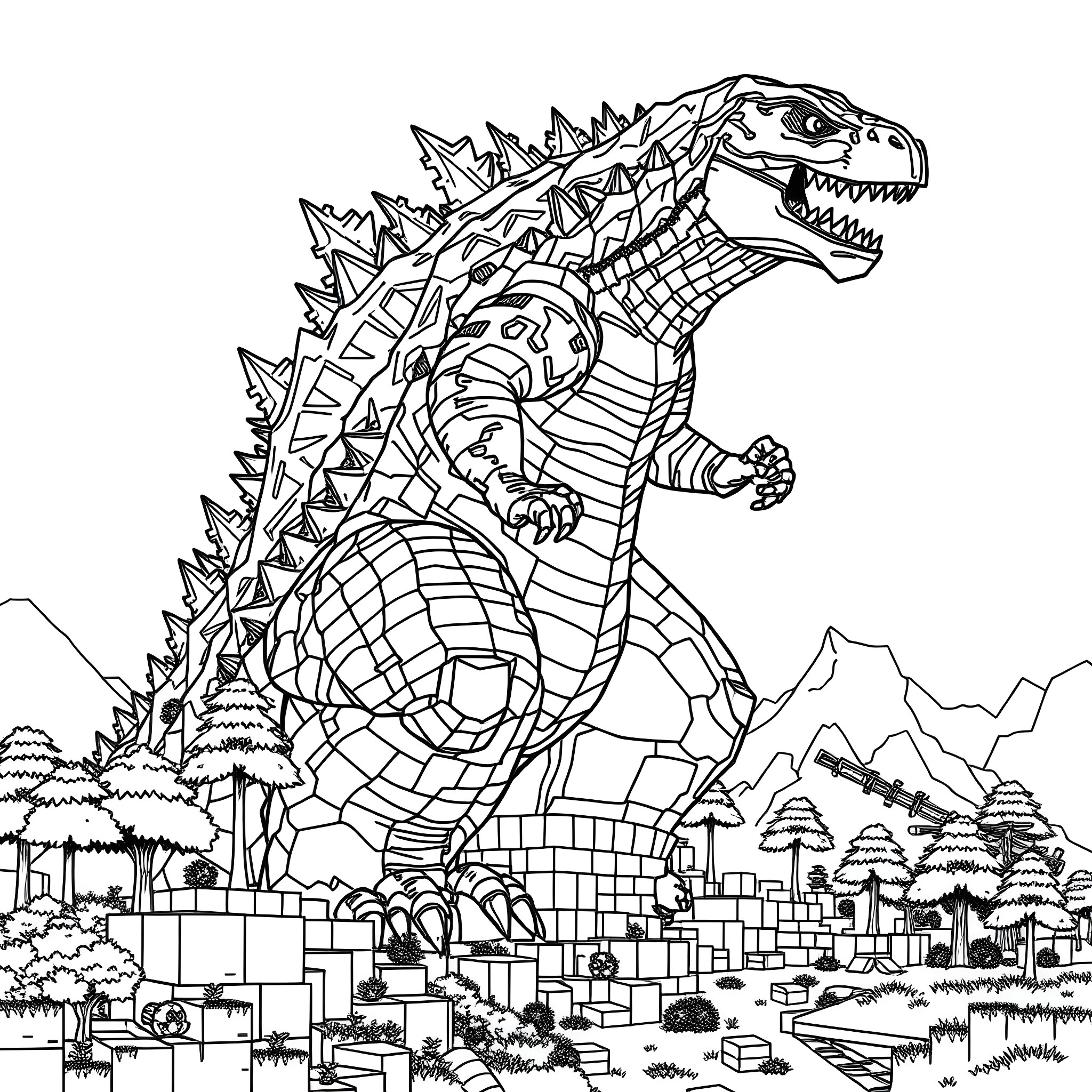 Godzilla Terrorizing a City in Black and White Coloring Page (free black-and-white line drawing printable PDF for all, from beginners to advanced learners, including children, teens, adults, and seniors)