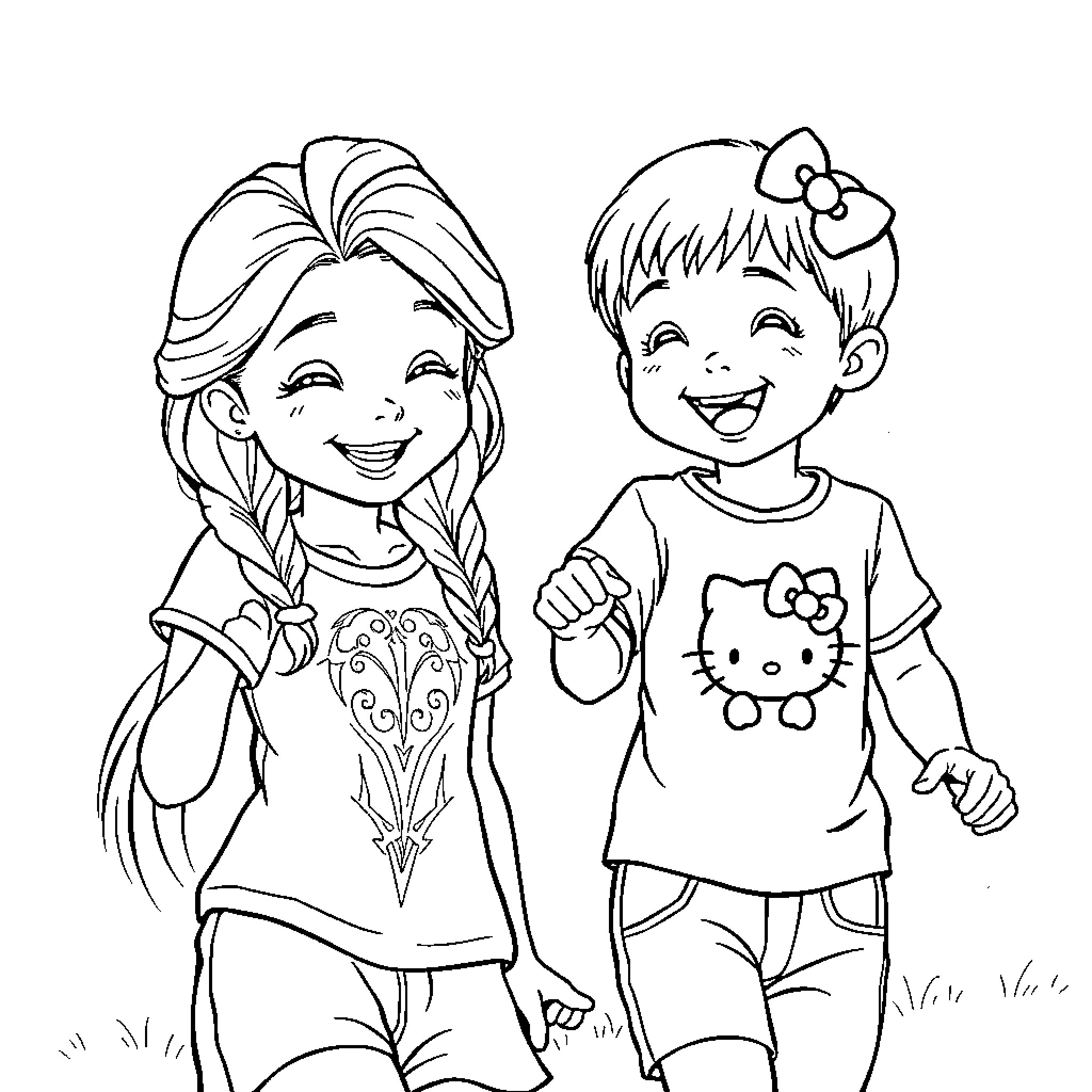 Nina and her friend's joyful play Coloring Page (free black-and-white line drawing printable PDF for all, from beginners to advanced learners, including children, teens, adults, and seniors)