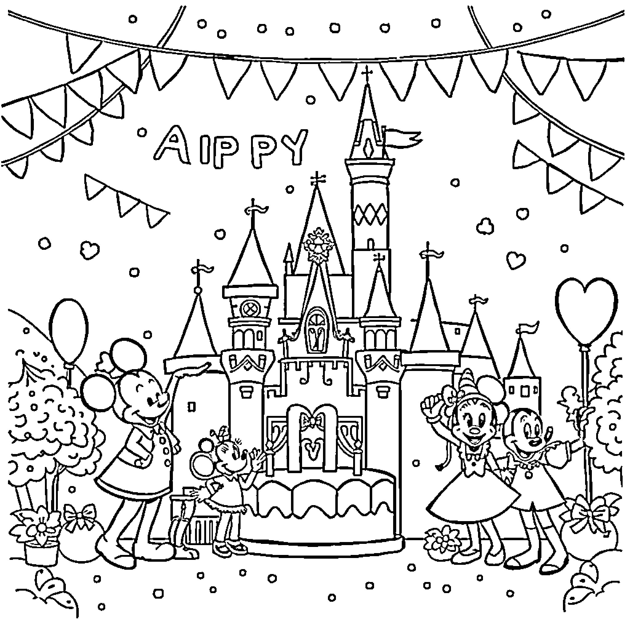 Disneyland adventure with joyful characters and decorations Coloring Page (free black-and-white line drawing printable PDF for all, from beginners to advanced learners, including children, teens, adults, and seniors)