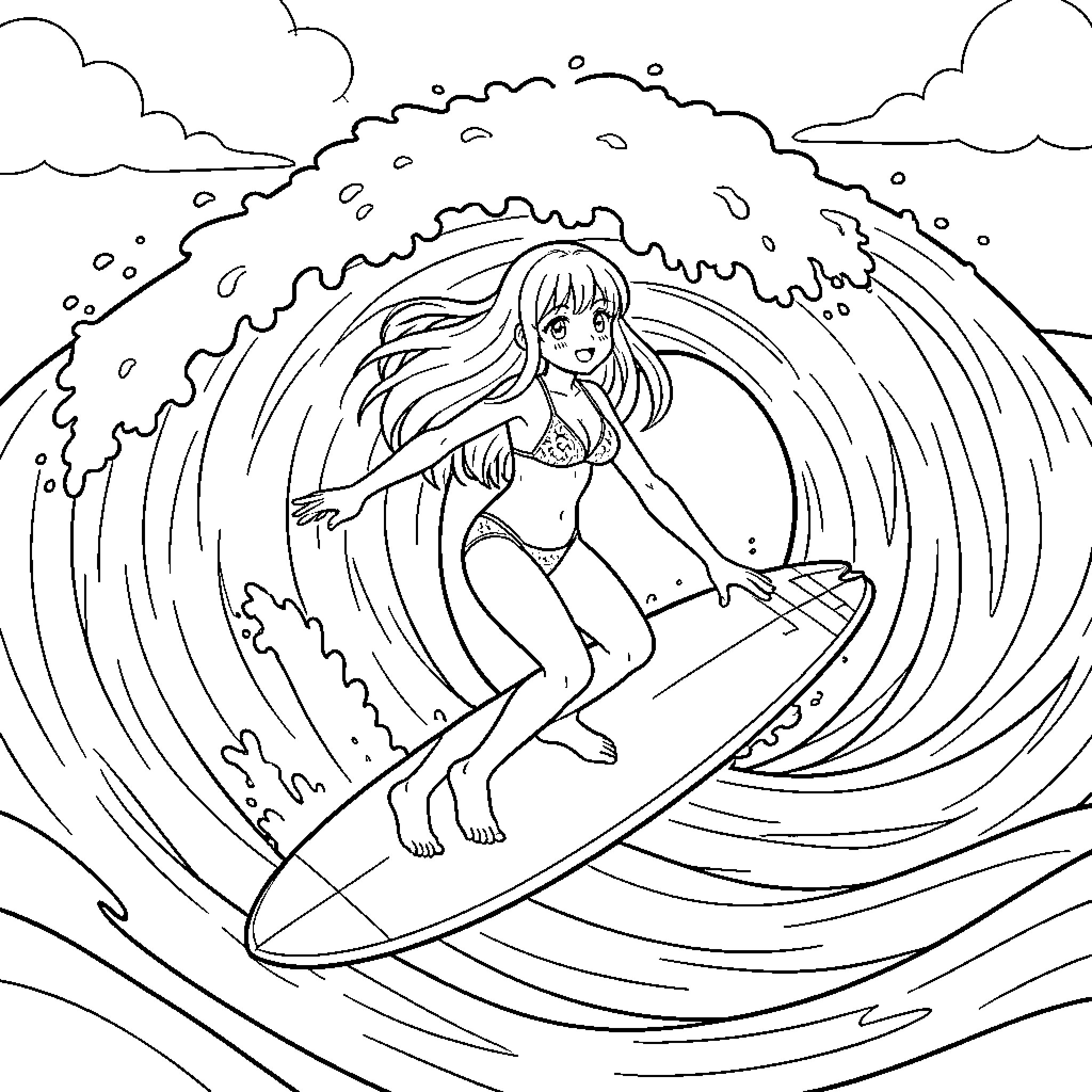 Anime Girl surfing on a large ocean wave Coloring Page (free black-and-white line drawing printable PDF for all, from beginners to advanced learners, including children, teens, adults, and seniors)
